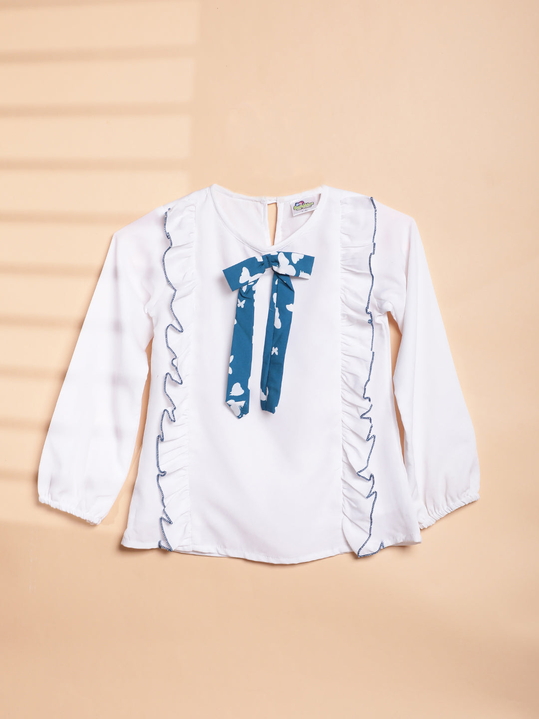 Cutiekins Girls Solid Embellished Bow Top -Off White & Teal Blue