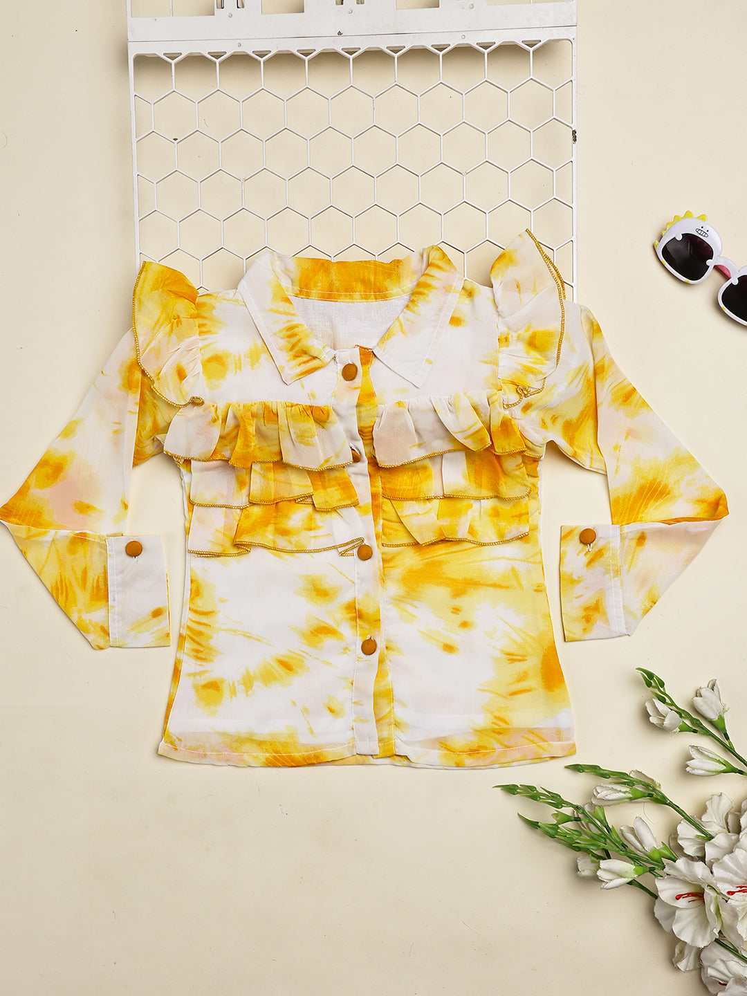 Cutiekins Girls Shirt Style Trendy Tie and Dye Print Top -Off White & Mustard