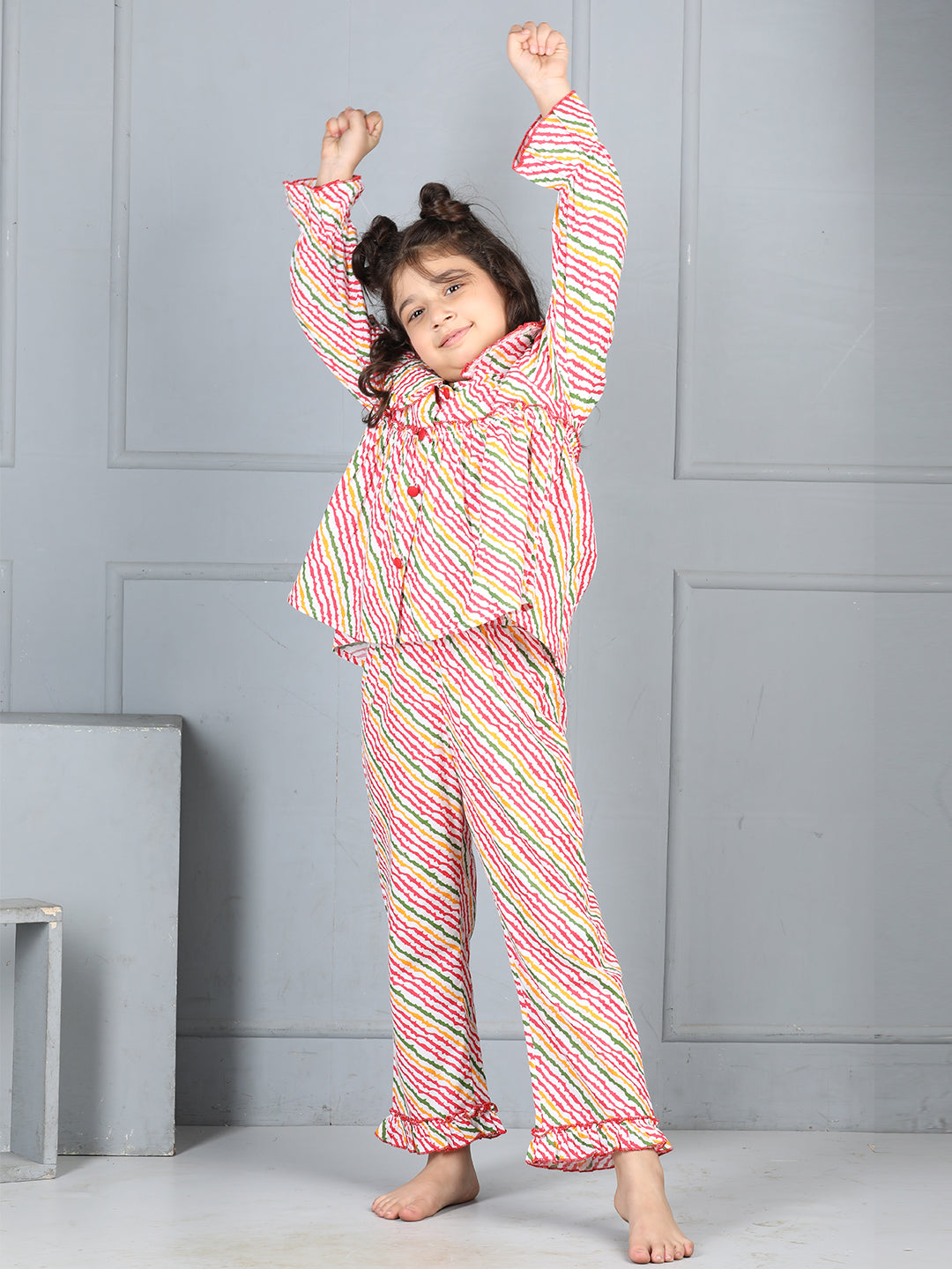 Cutiekins Girls Shirt Style Striped Print Top With Printed Palazzo Nightsuit -Off White & Multi