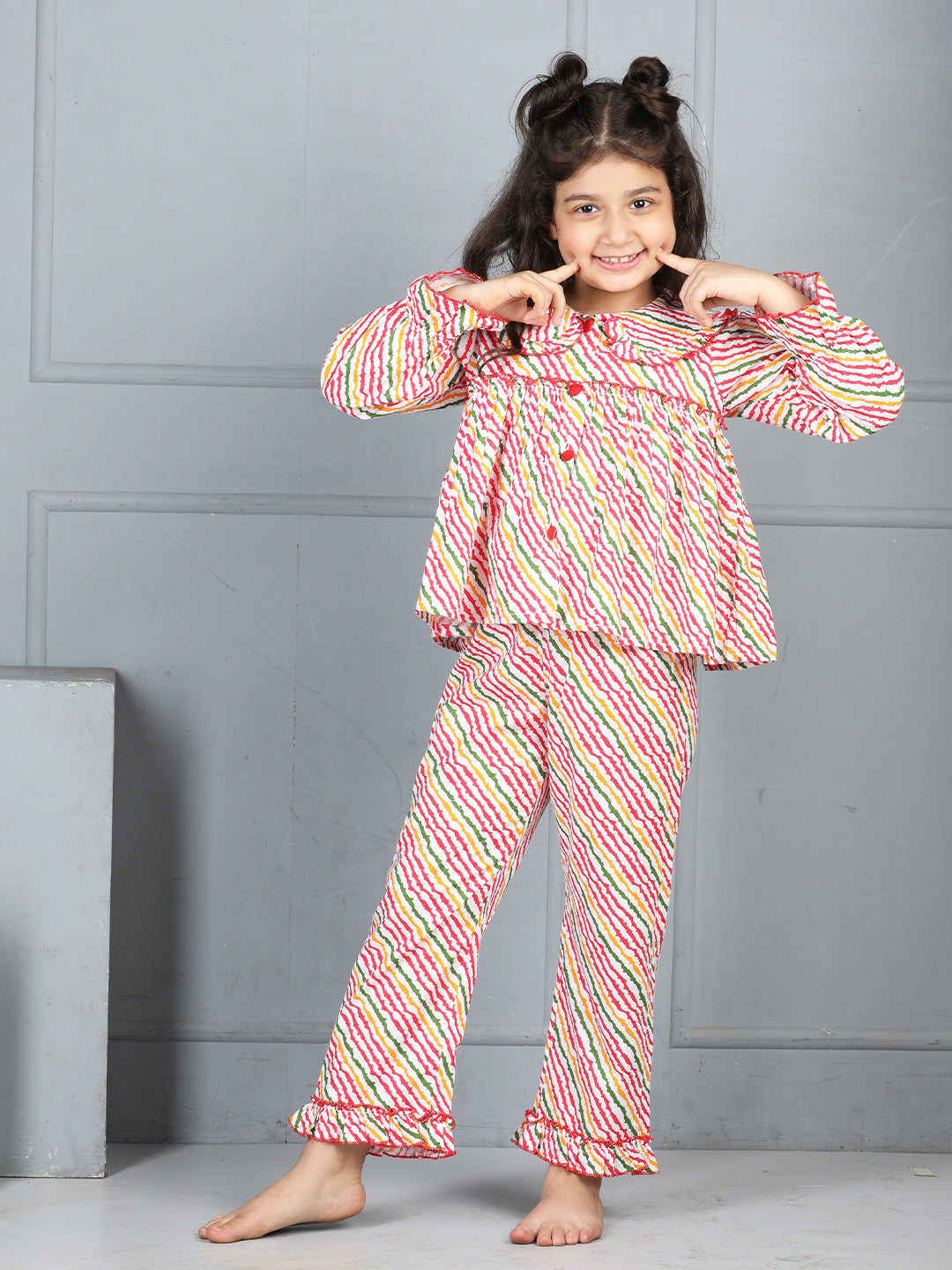 Cutiekins Girls Shirt Style Striped Print Top With Printed Palazzo Nightsuit -Off White & Multi