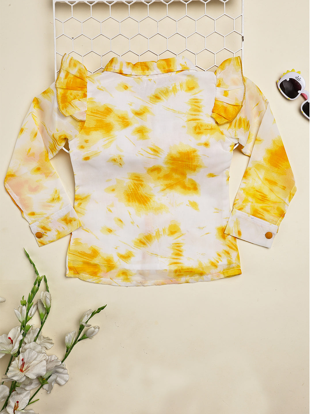 Cutiekins Girls Shirt Style Trendy Tie and Dye Print Top -Off White & Mustard