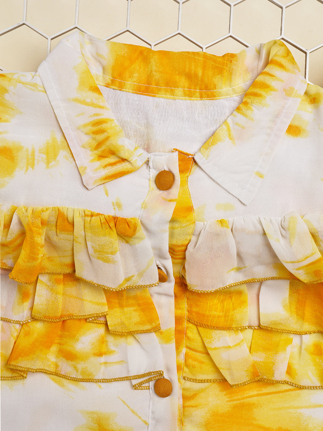 Cutiekins Girls Shirt Style Trendy Tie and Dye Print Top -Off White & Mustard