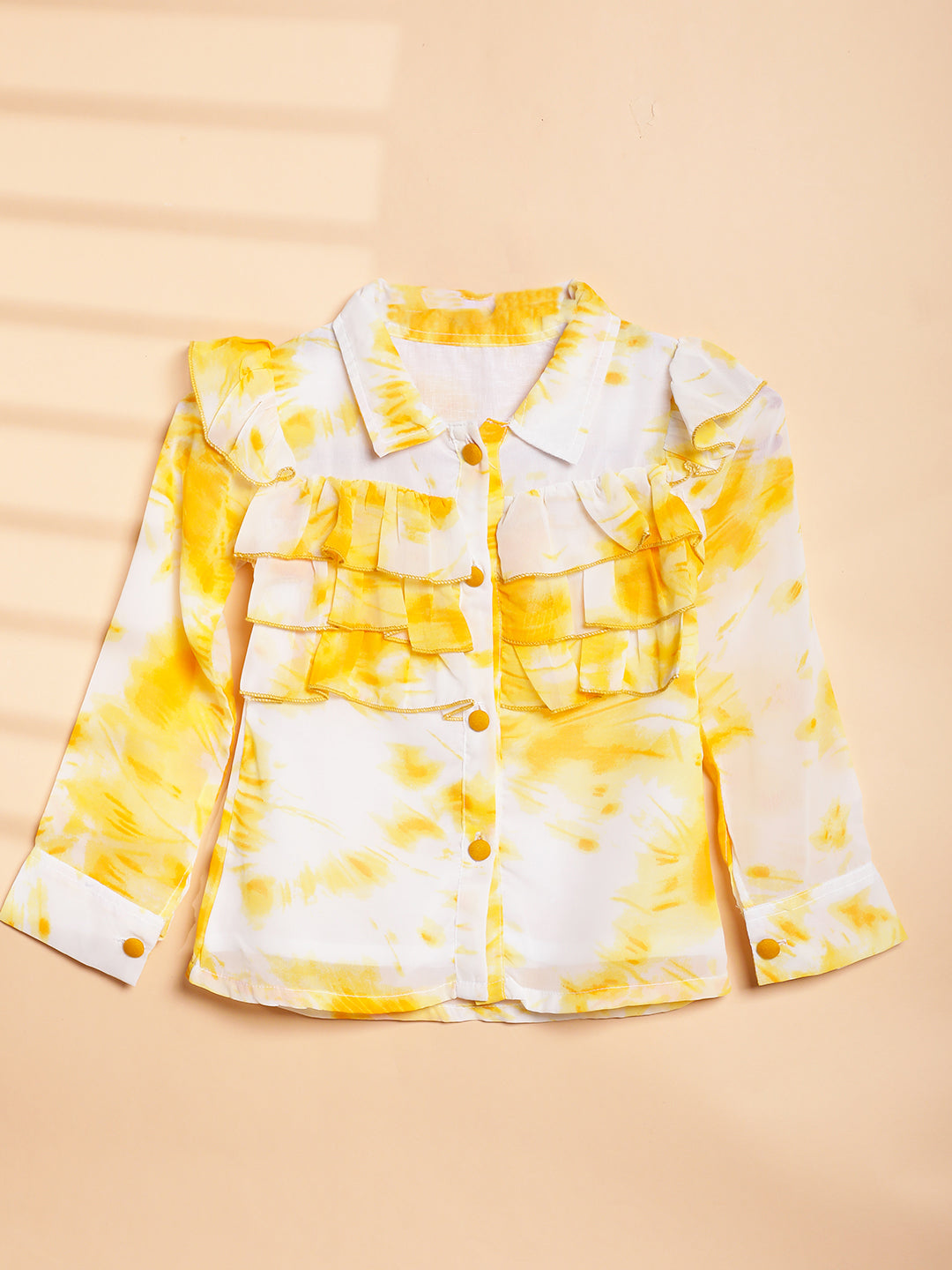 Cutiekins Girls Shirt Style Trendy Tie and Dye Print Top -Off White & Mustard