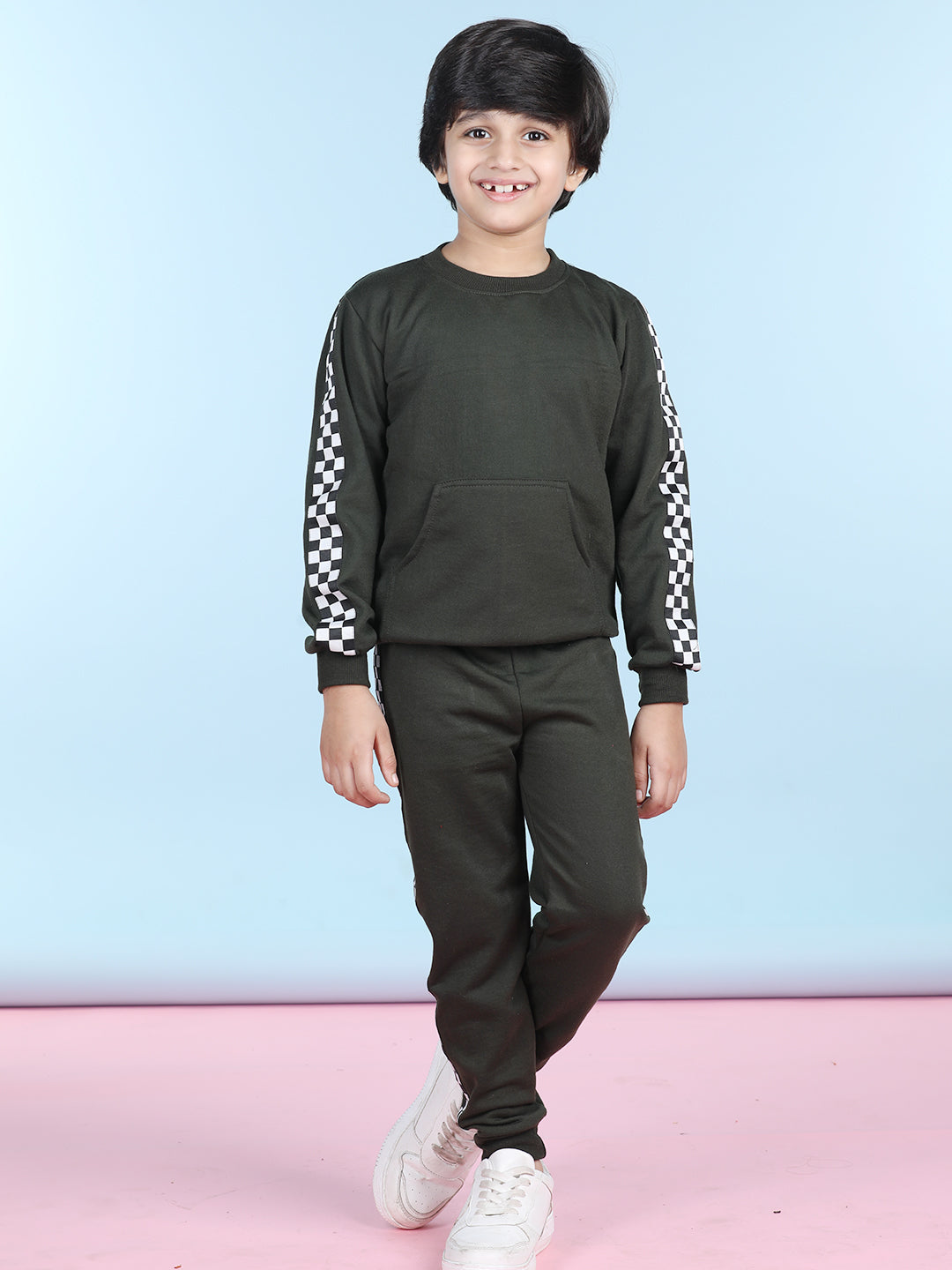 Cutiekins Boys Mehendi Green & White Sweatshirt With Trackpant