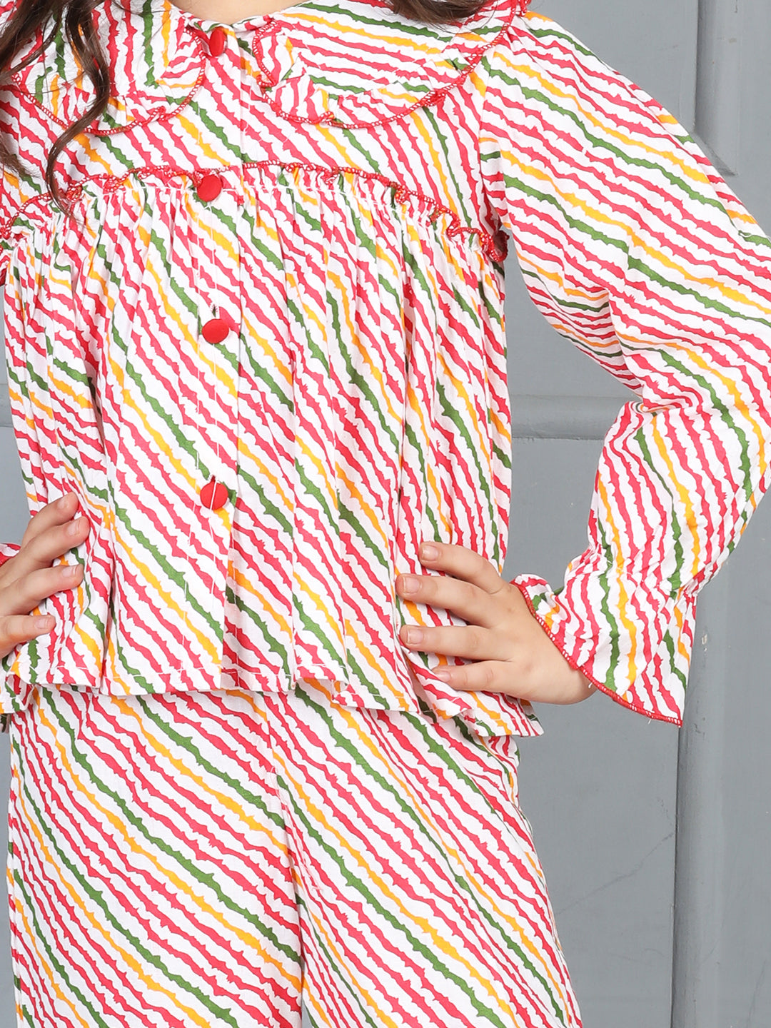 Cutiekins Girls Shirt Style Striped Print Top With Printed Palazzo Nightsuit -Off White & Multi