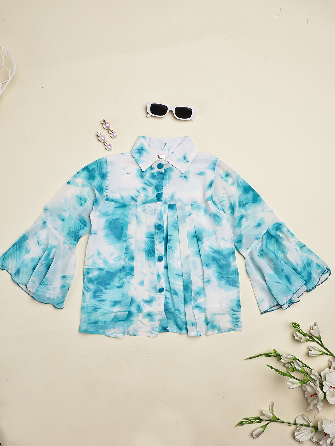 Cutiekins Girls Shirt Style Trendy Tie and Dye Print Top -Off White & Turquoise Blue