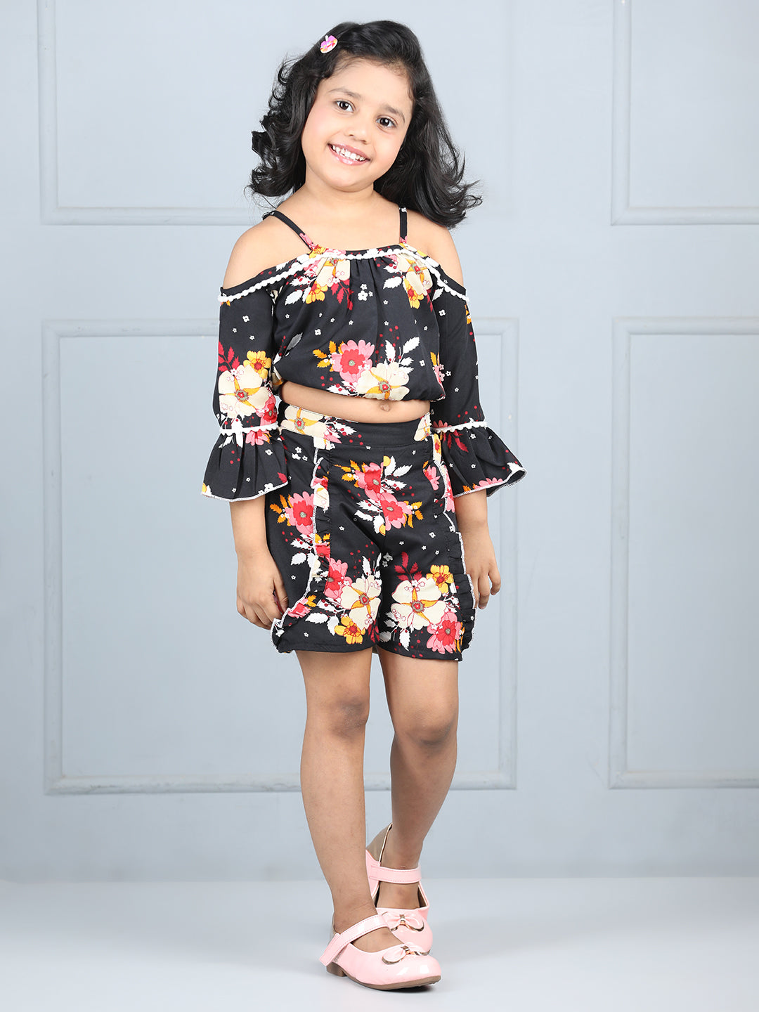 Cutiekins Girls Floral Printed Embellished Top With Printed Shorts -Black & Multi