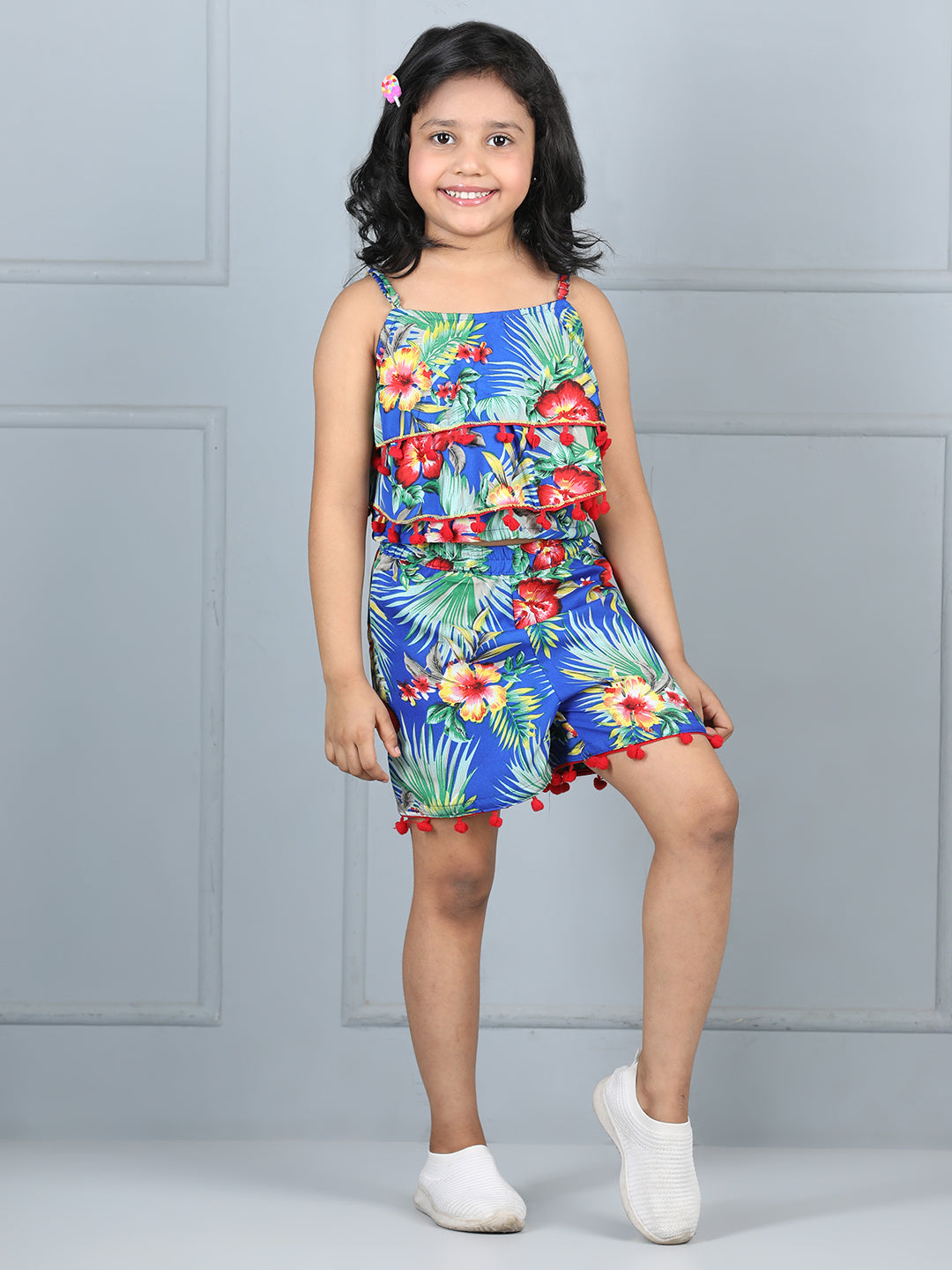 Cutiekins Girls Floral Printed Embellished Top With Printed Shorts -Blue & Multi