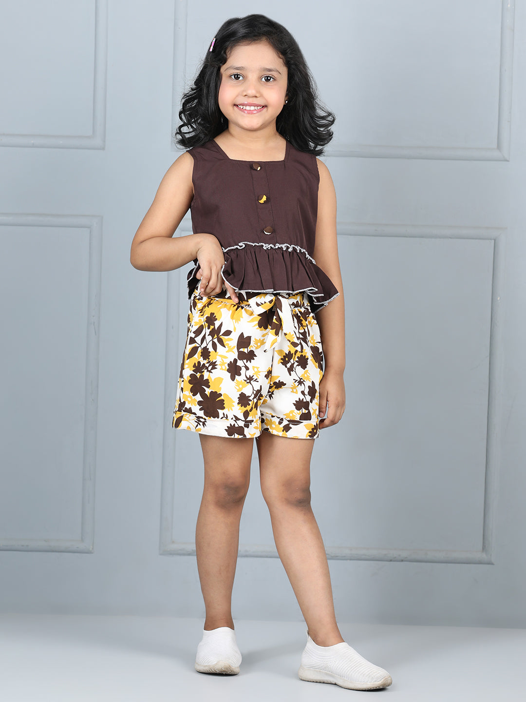 Cutiekins Girls Solid Embellished Top With Printed Shorts -Coffee Brown & Off White