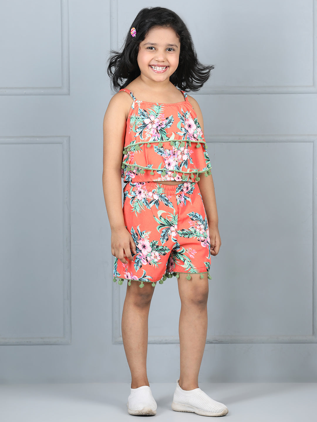 Cutiekins Girls Floral Printed Embellished Top With Printed Shorts -Coral & Multi