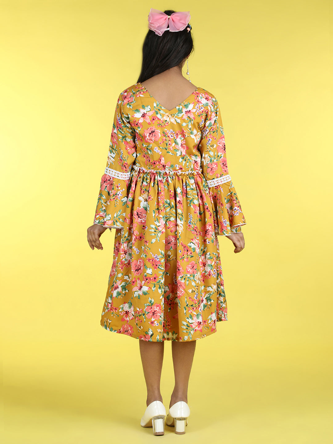 Cutiekins V-Neck Printed Flared Dress-Mustard & Pink