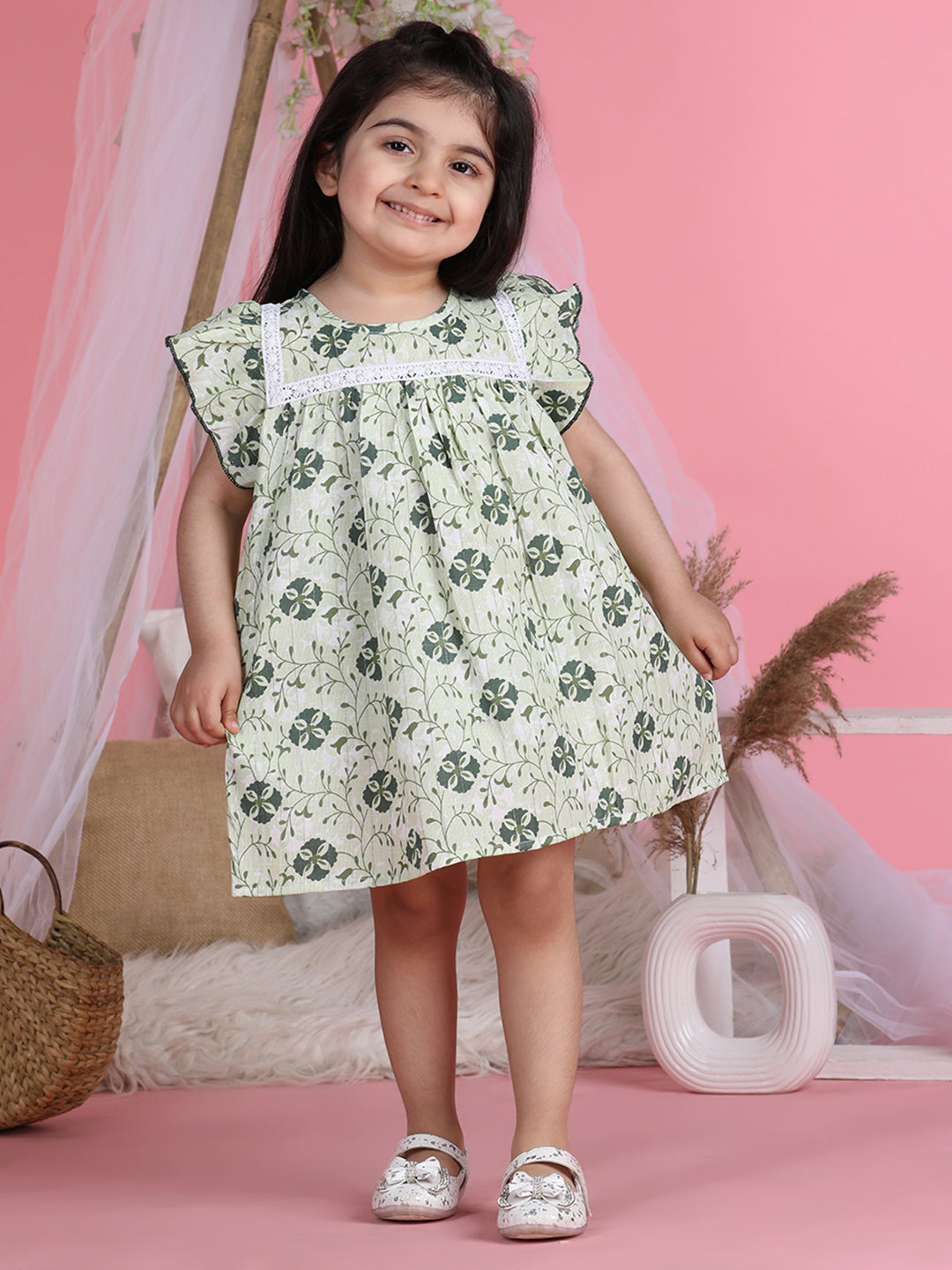 Cutiekins Round Neck Printed Flared Dress-Light Green & White