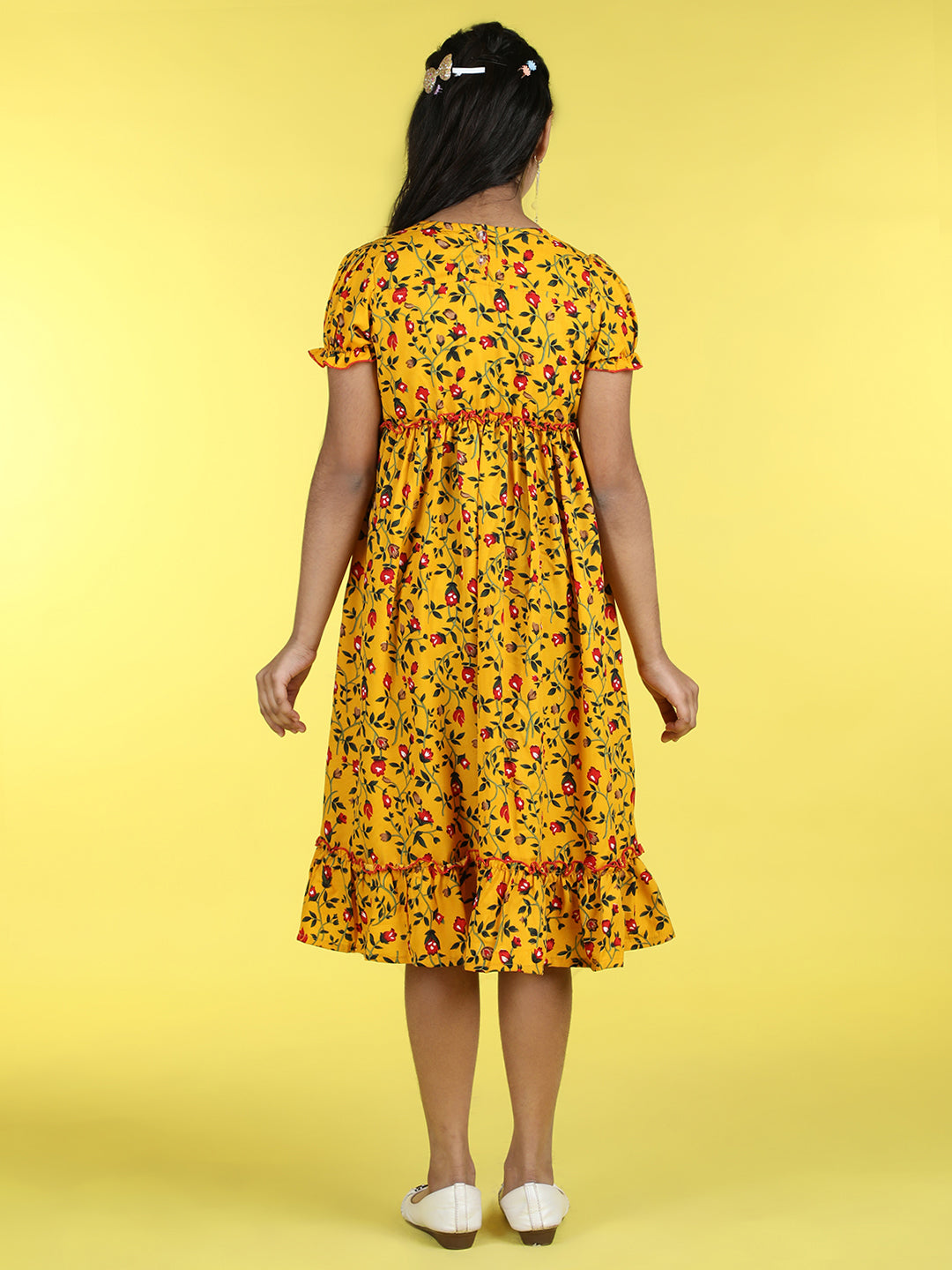 Cutiekins Round Neck Printed Flared Dress-Mustard & Red