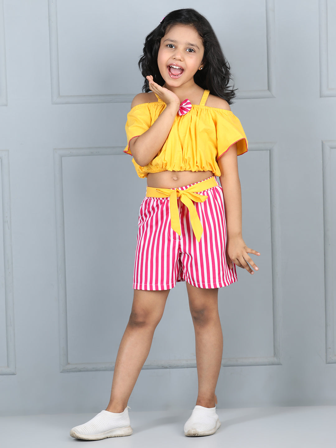 Cutiekins Girls Solid Embellished Top With Striped Shorts -Yellow & Pink