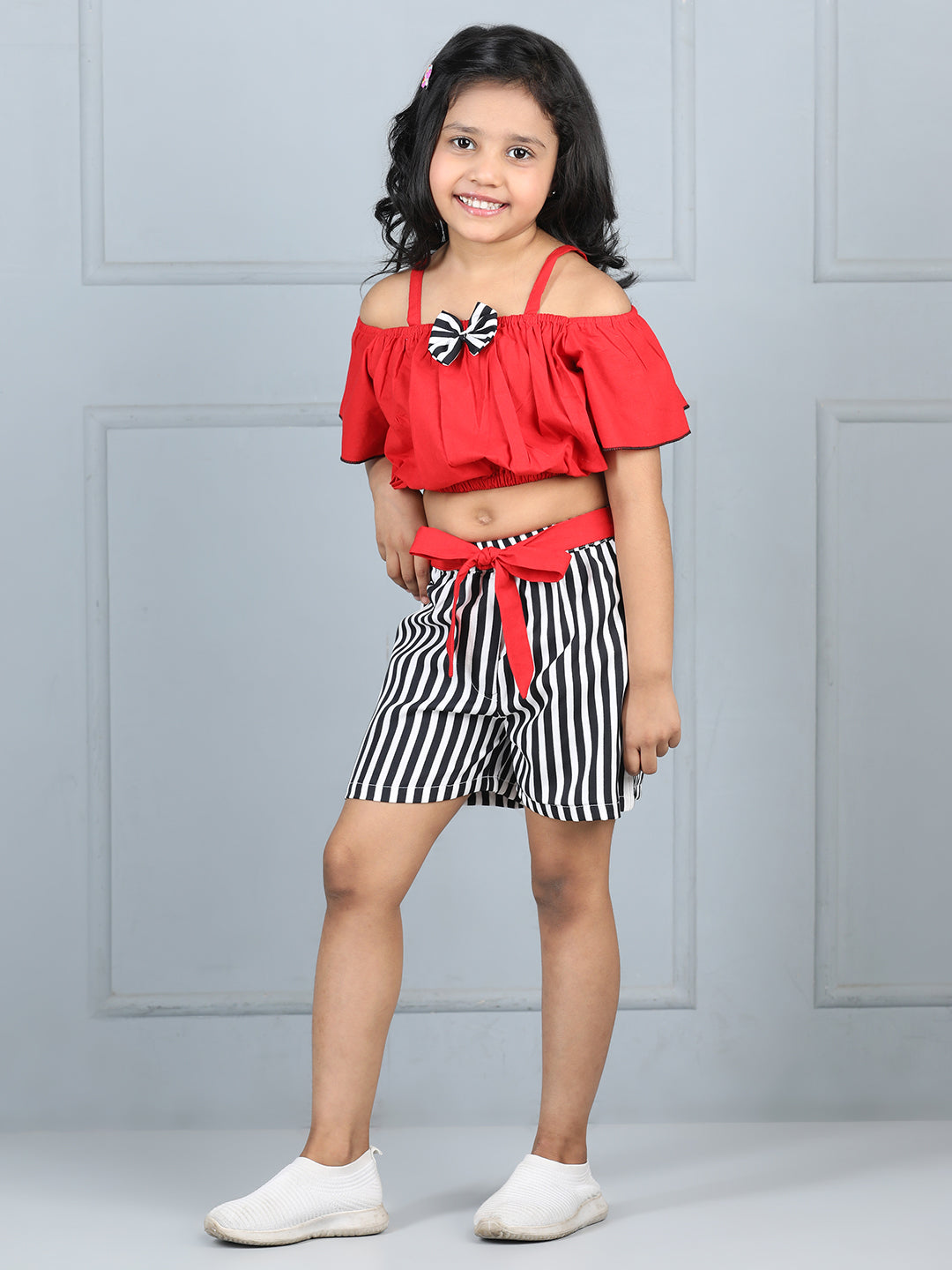 Cutiekins Girls Solid Embellished Top With Striped Shorts -Red & Black