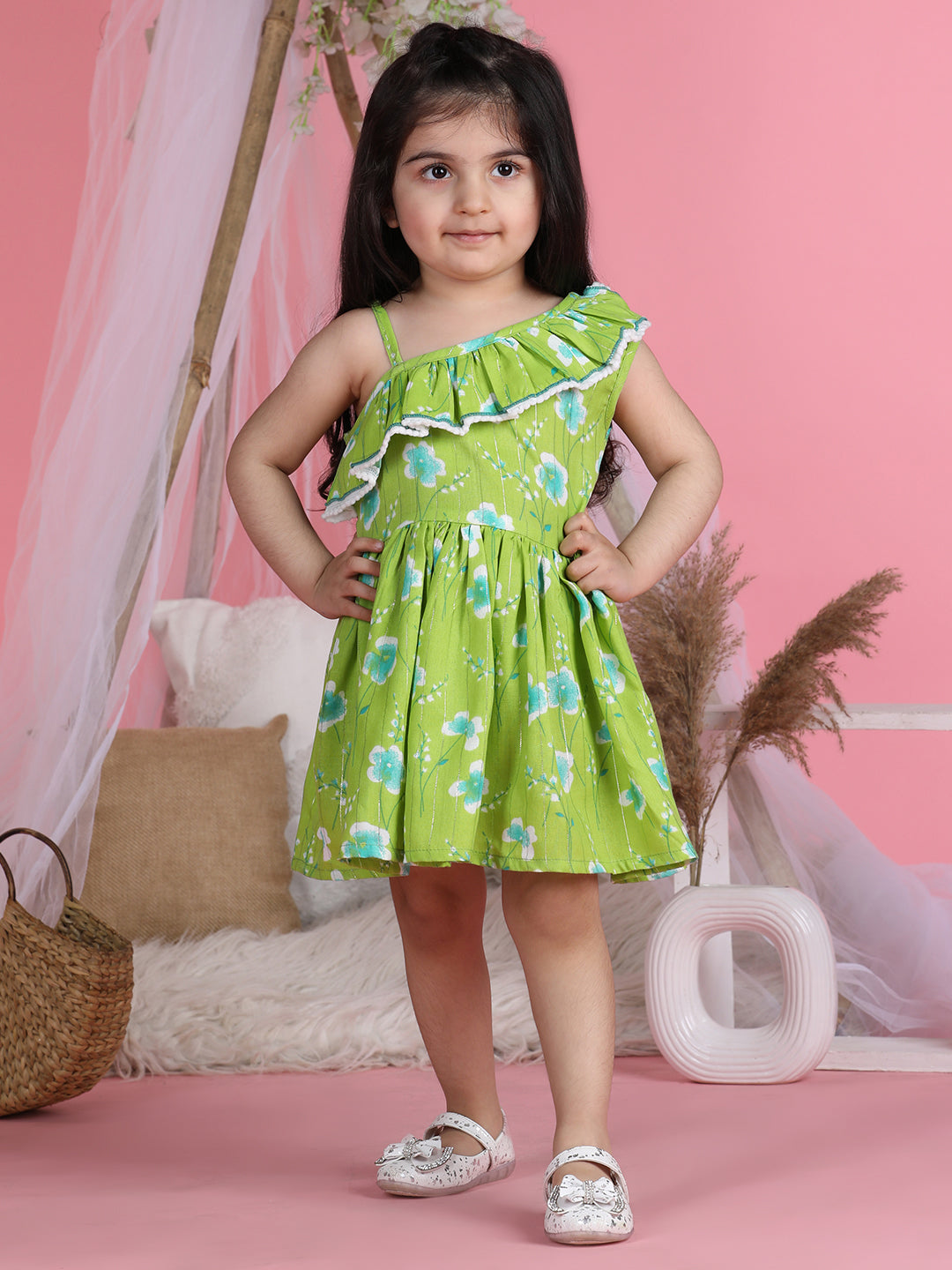 Cutiekins One Shoulder Printed Flared Dress-Green & White