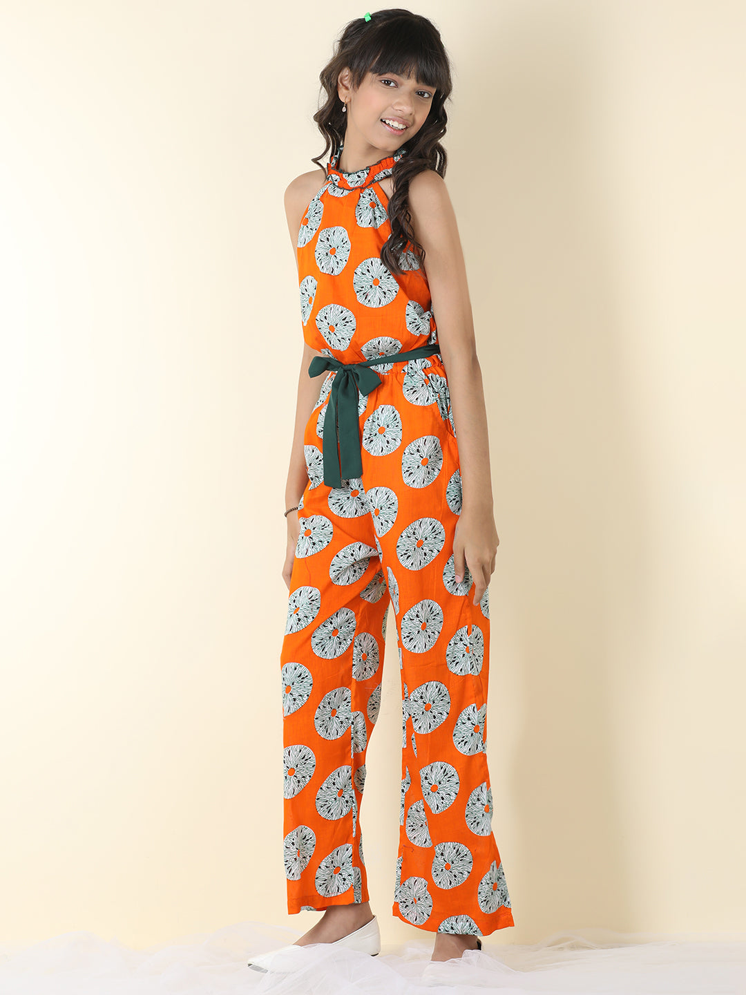 Cutiekins Girls Halter Neck Floral Print Jumpsuit -Orange & Off White