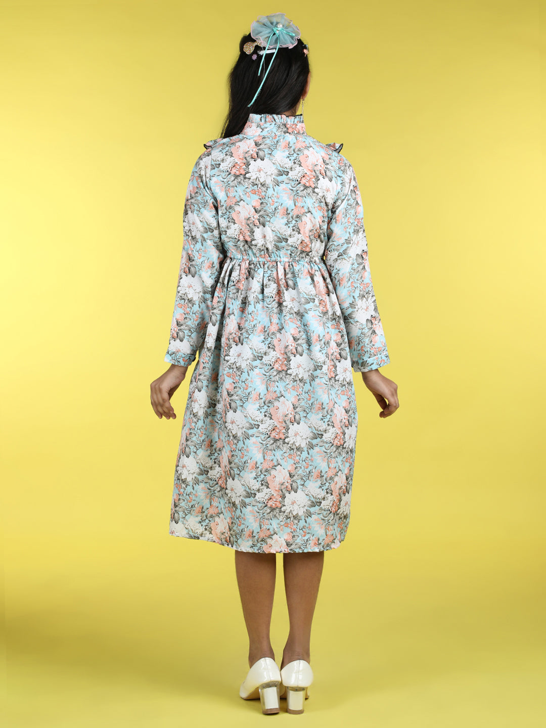 Cutiekins Mandarin Collar Printed Flared Dress-Sky Blue & Peach