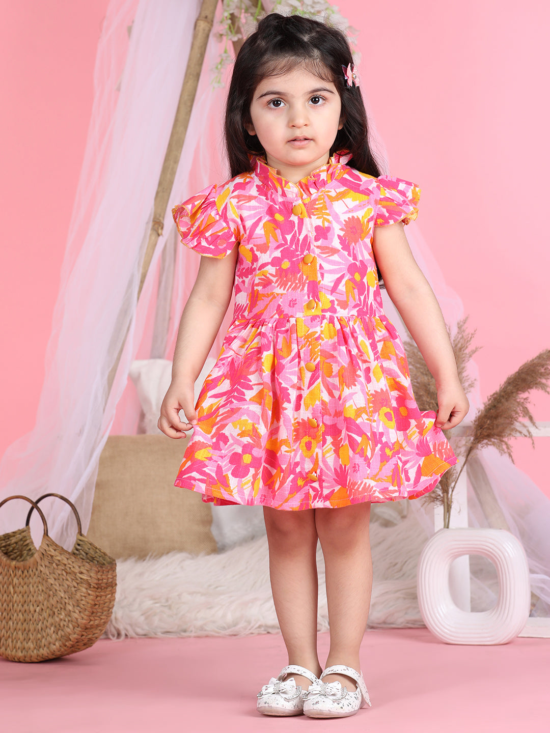 Cutiekins Mandarin Collar Printed Flared Dress-Pink & Yellow
