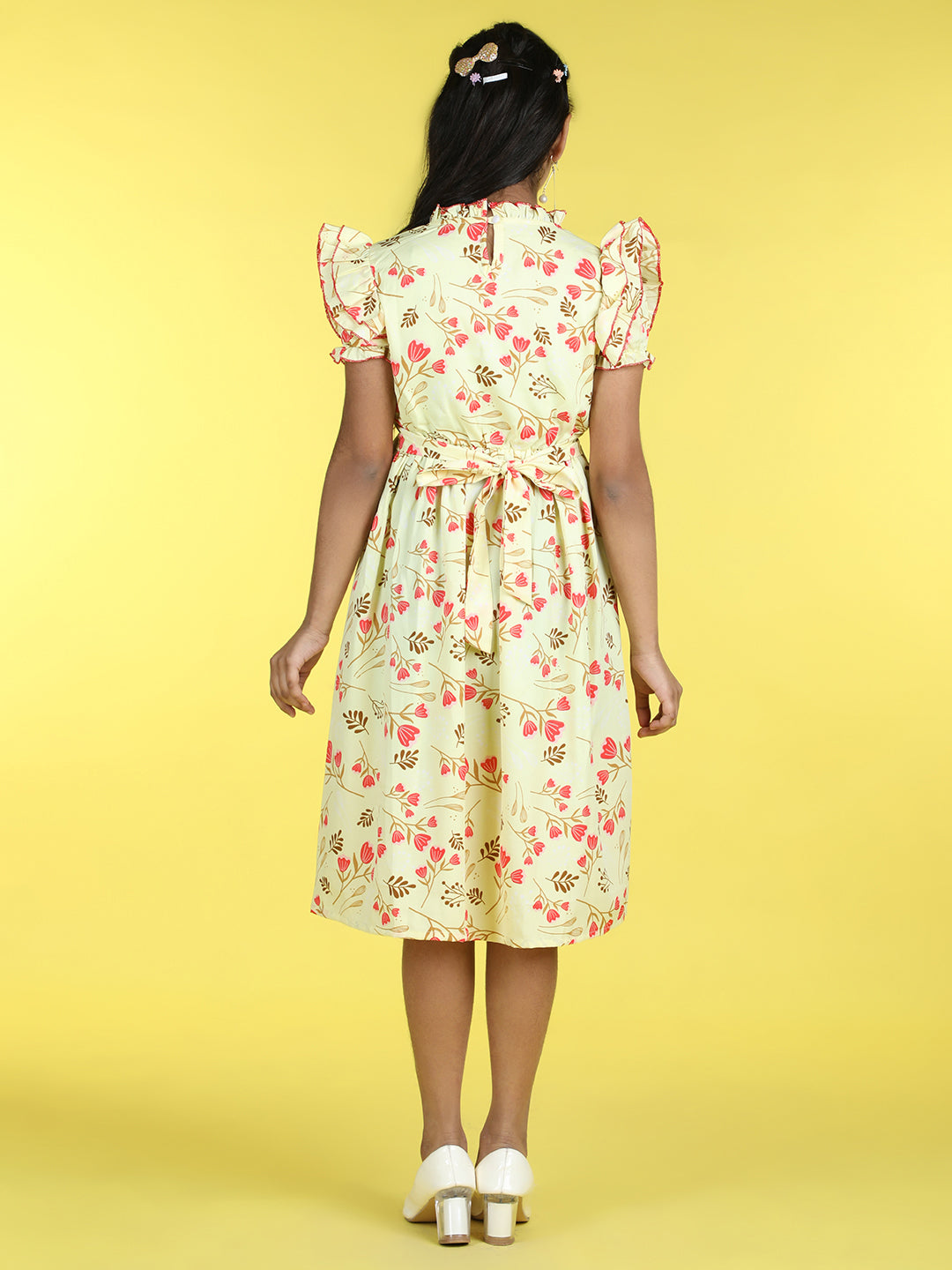 Cutiekins Mandarin Collar Printed Flared Dress-Yellow & Pink