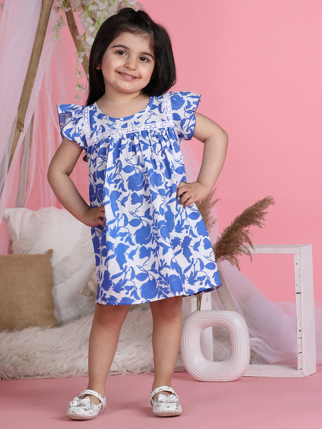 Cutiekins Round Neck Printed Flared Dress-Royal Blue & White