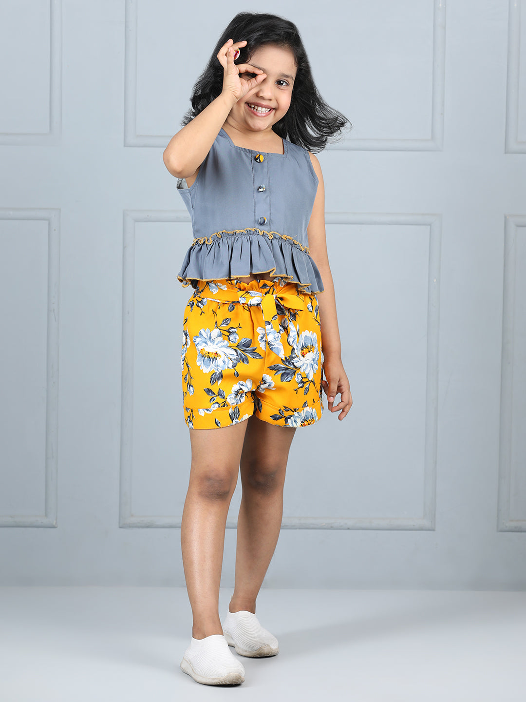 Cutiekins Girls Solid Embellished Top With Printed Shorts -Grey & Yellow