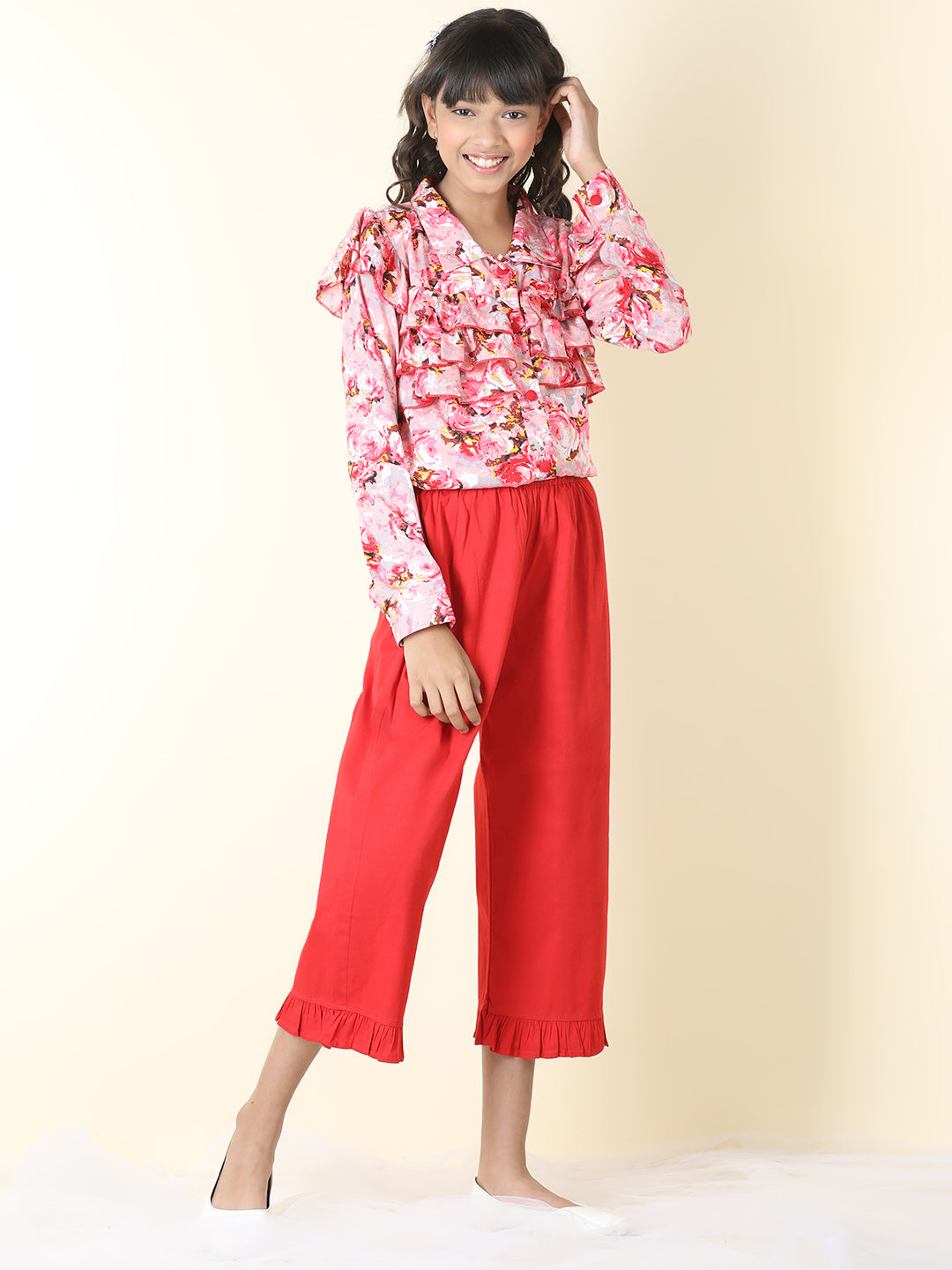 Cutiekins Girls Shirt Style Printed Top With Solid Capri -Pink & Red