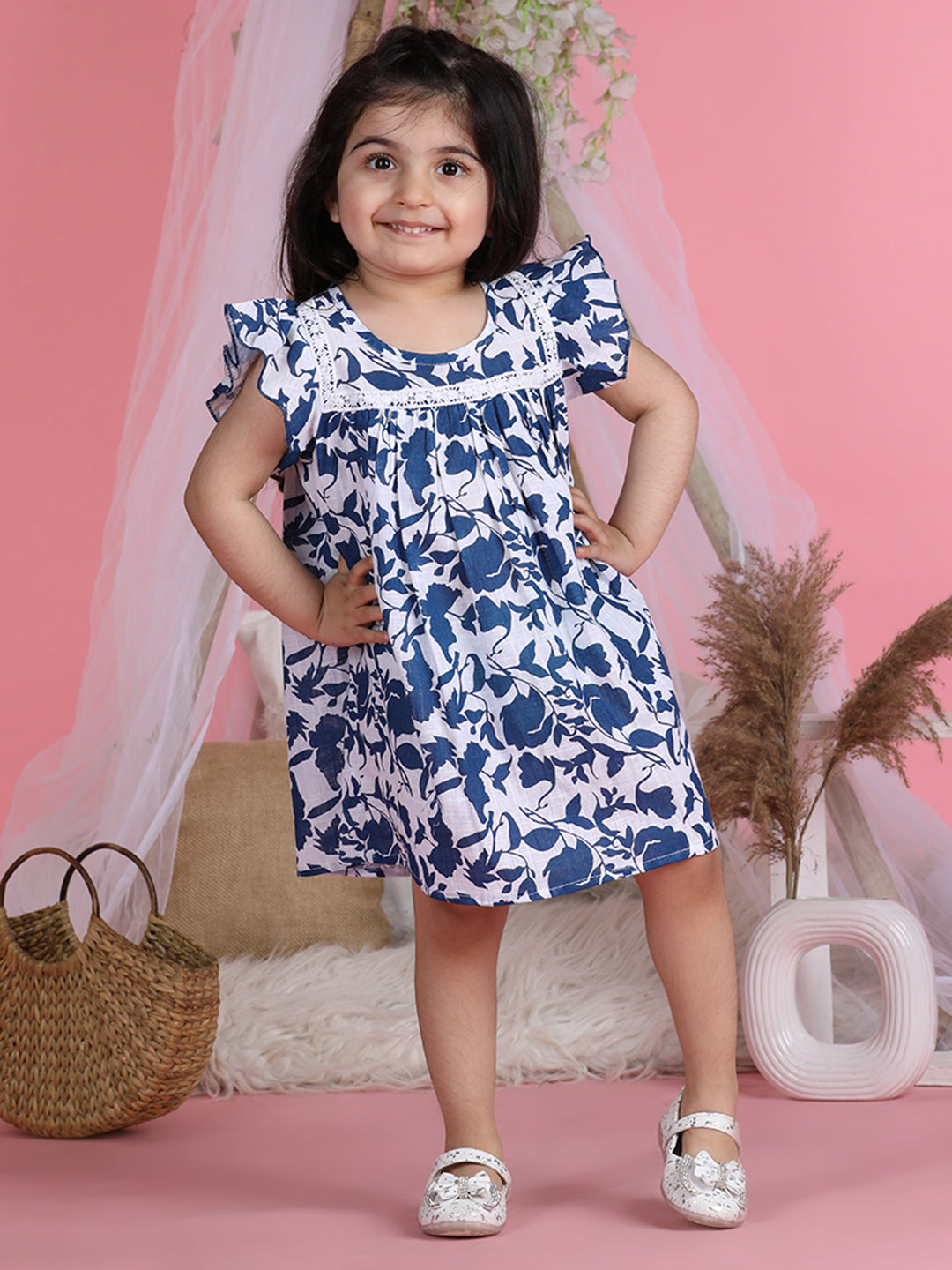 Cutiekins Round Neck Printed Flared Dress-Indigo Blue & White