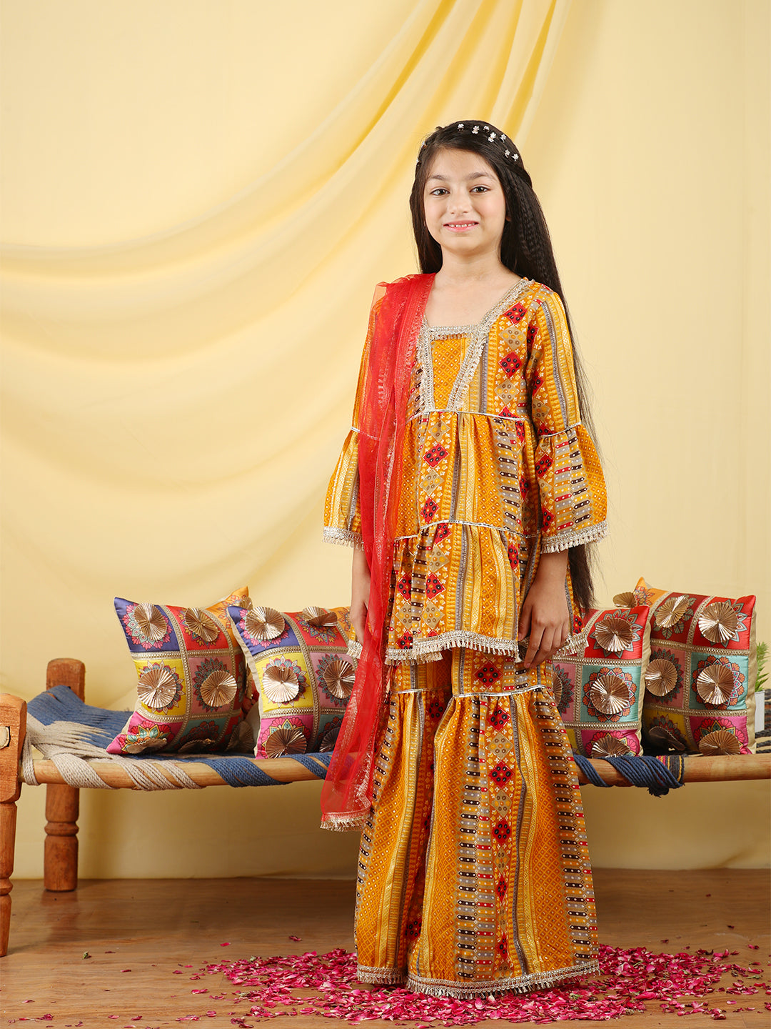 Cutiekins Girls Embroidered Bandhani Print Empire Kurta & Sharara with Dupatta -Mustard & Gold