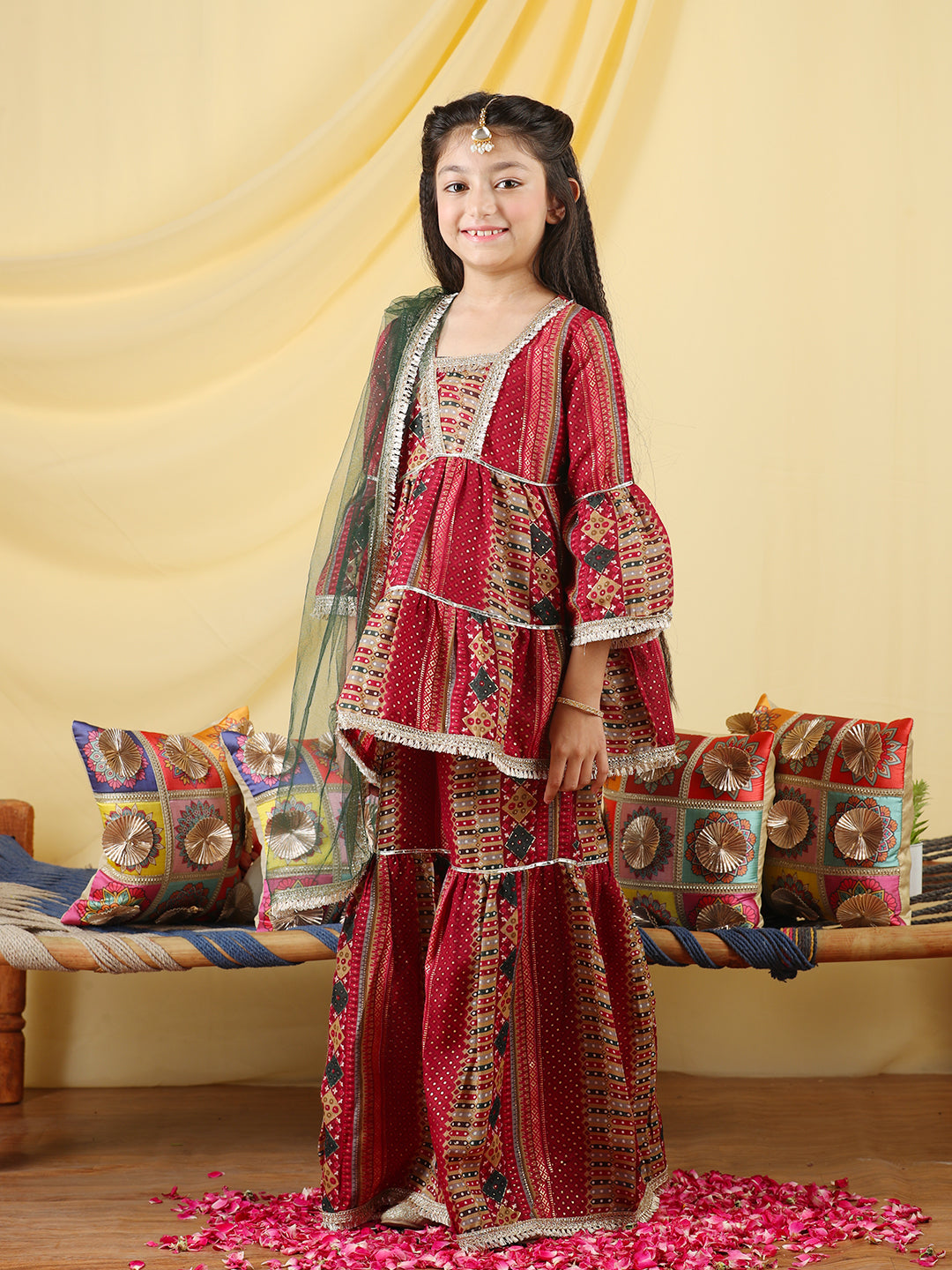 Cutiekins Girls Embroidered Bandhani Print Empire Kurta & Sharara with Dupatta -Maroon & Gold