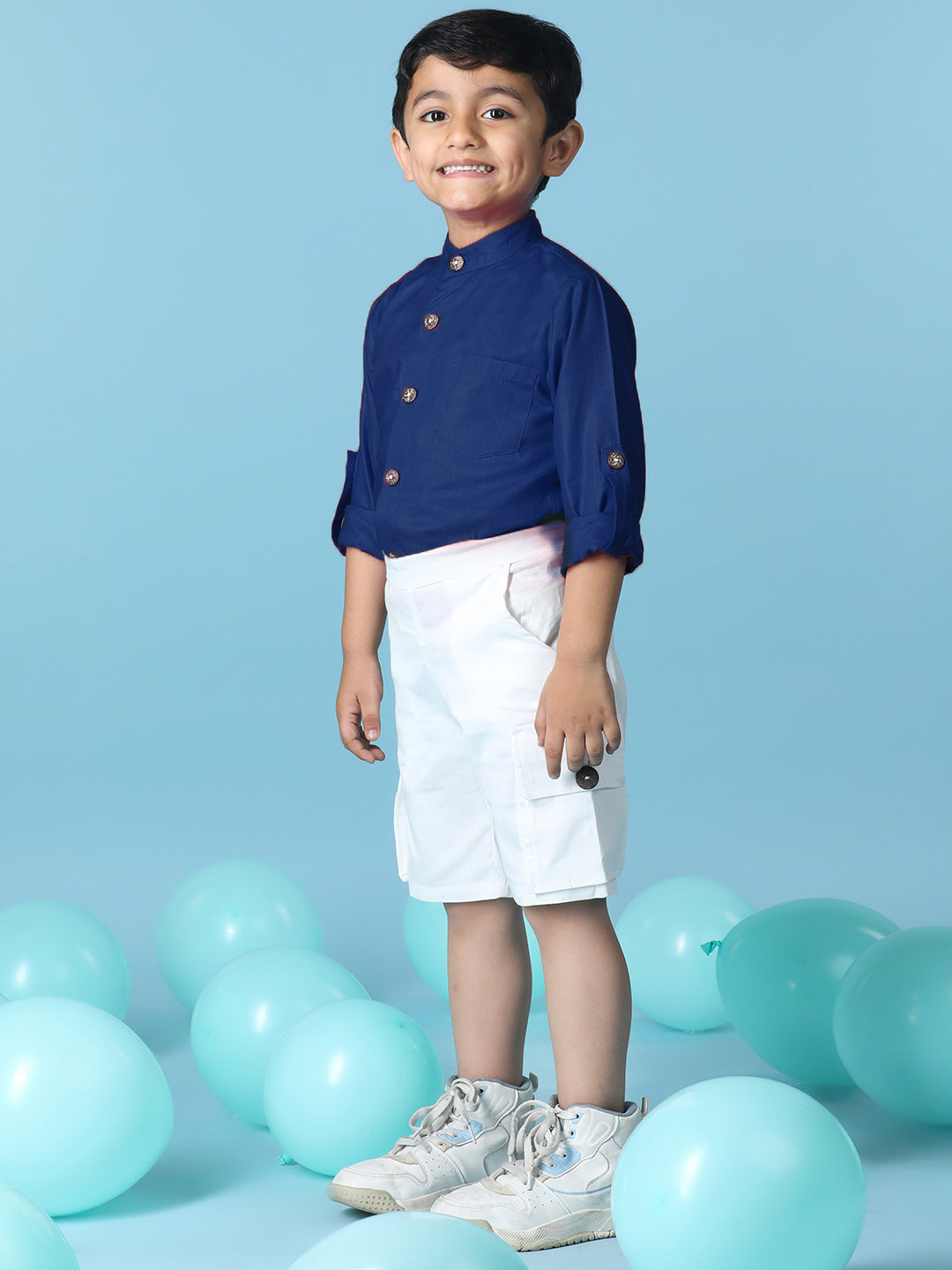 Cutiekins Boys Solid Rayon Shirt with Solid Lycra Cargo Shorts -Teal Blue & White