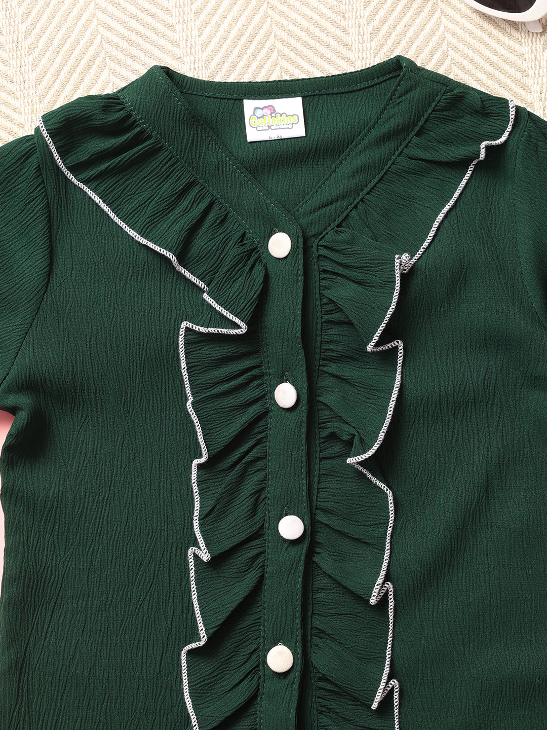 Cutiekins Girls Shirt Style Embellished Top -Dark Green & White