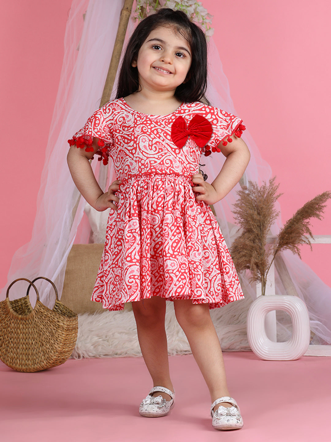 Cutiekins Round Neck Printed Flared Dress-Red & White