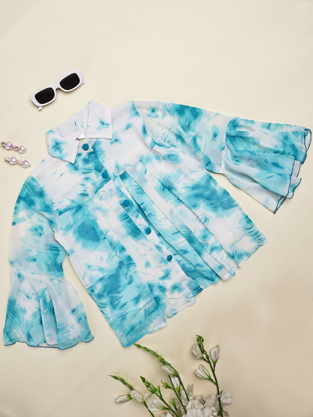 Cutiekins Girls Shirt Style Trendy Tie and Dye Print Top -Off White & Turquoise Blue