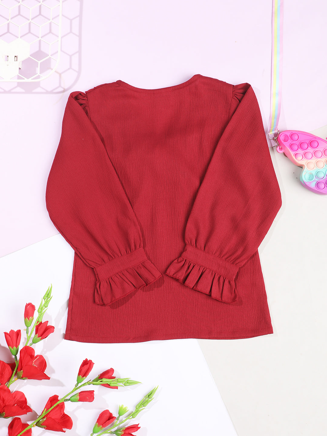 Cutiekins Girls V-Neck Embellished Top -Maroon