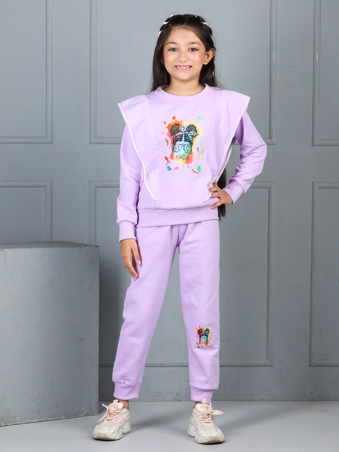 Cutiekins Girls Graphic Print and Embellished Cozy Tracksuit -Violet & Multi