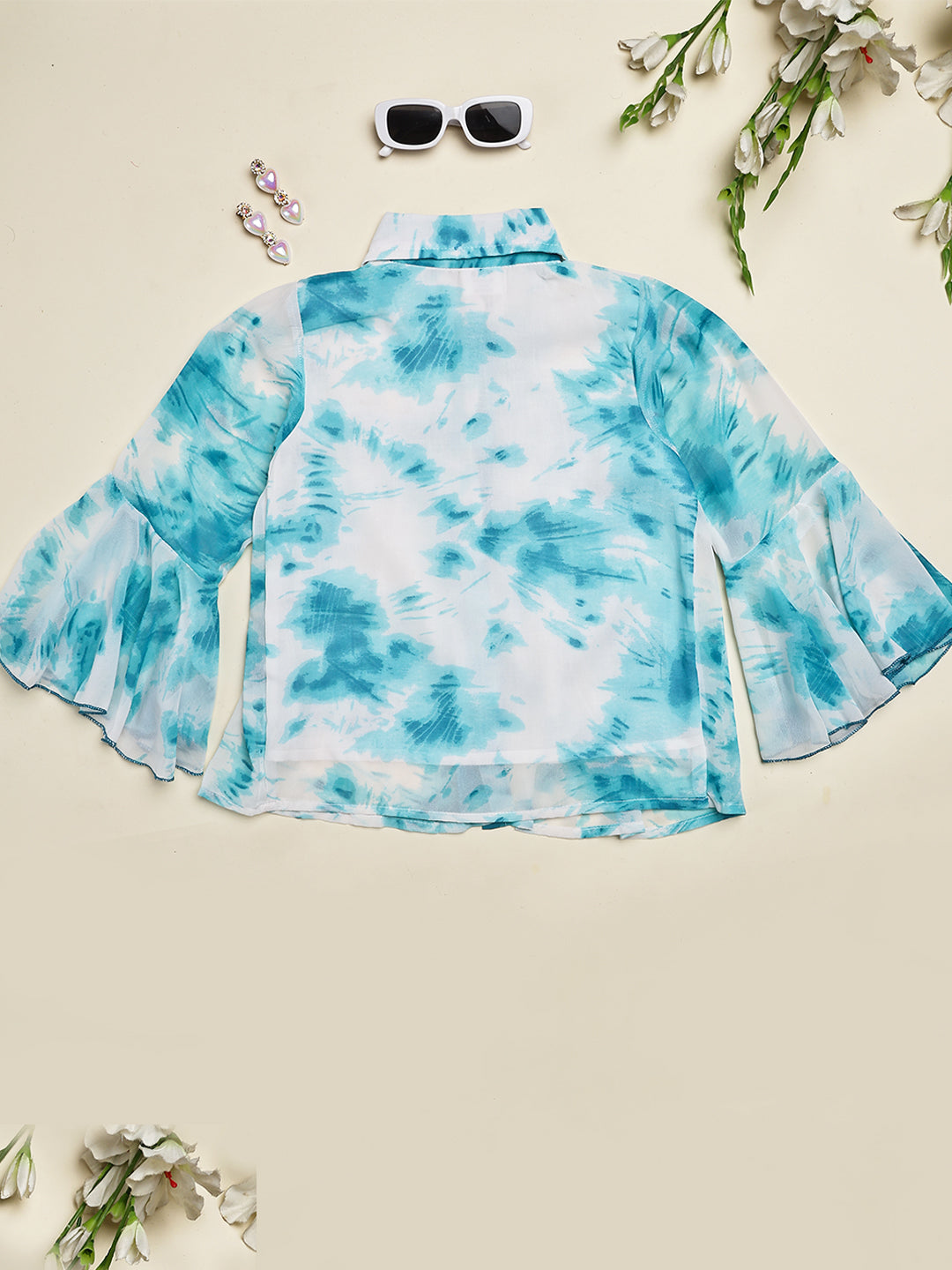 Cutiekins Girls Shirt Style Trendy Tie and Dye Print Top -Off White & Turquoise Blue