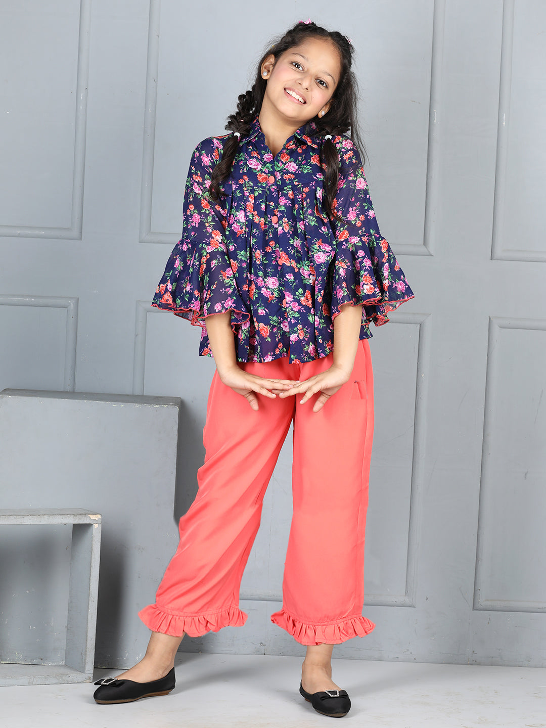 Cutiekins Girls Shirt Style Floral Printed Top With Solid Capri -Dark Blue & Peach