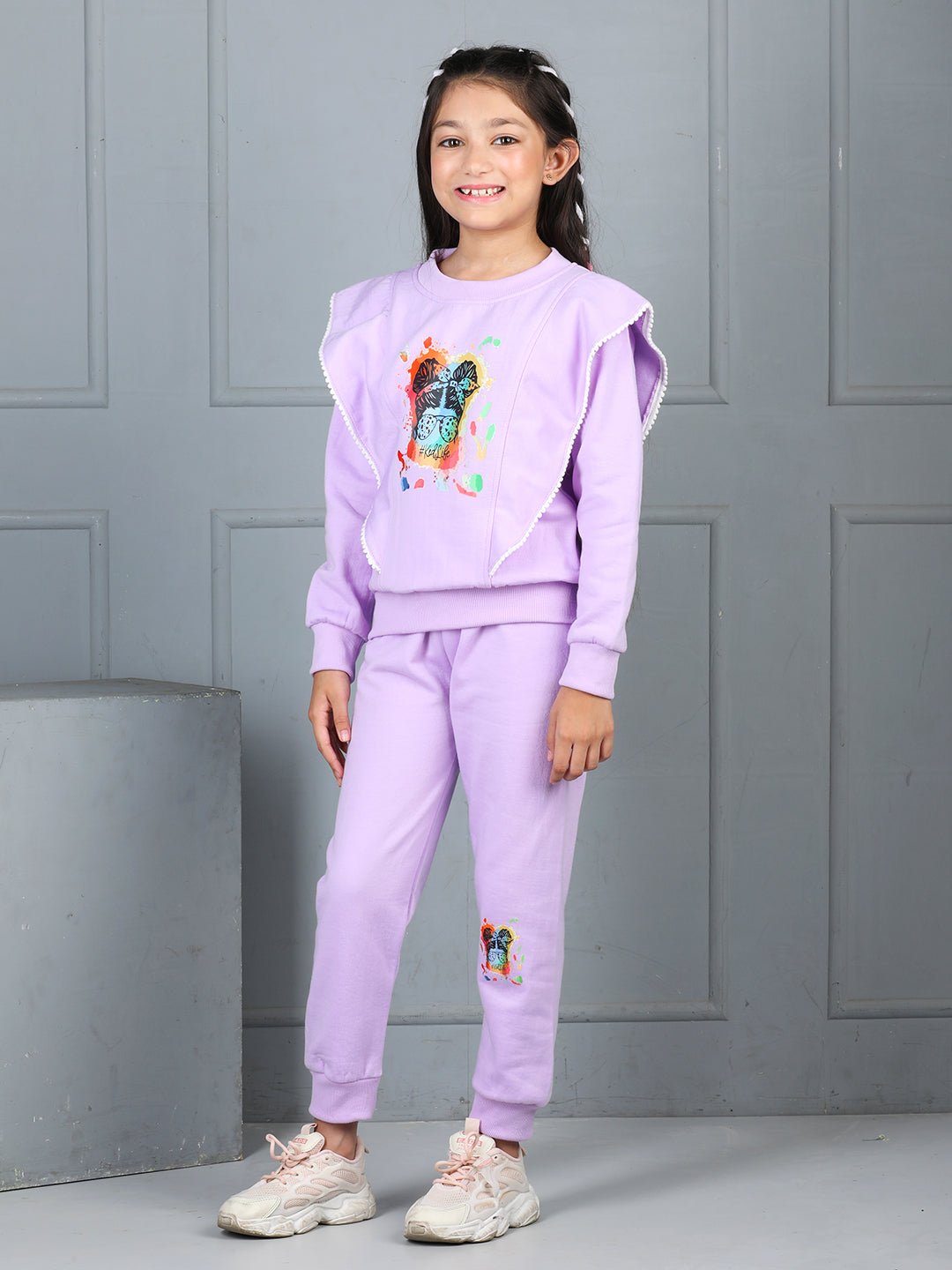 Cutiekins Girls Graphic Print and Embellished Cozy Tracksuit -Violet & Multi