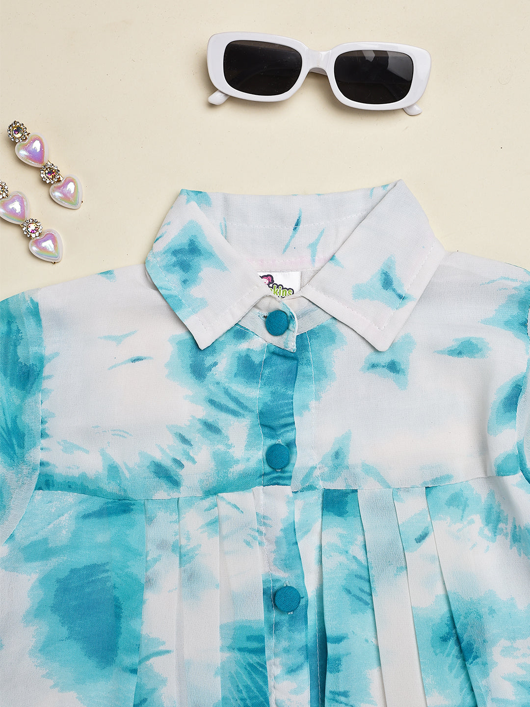 Cutiekins Girls Shirt Style Trendy Tie and Dye Print Top -Off White & Turquoise Blue