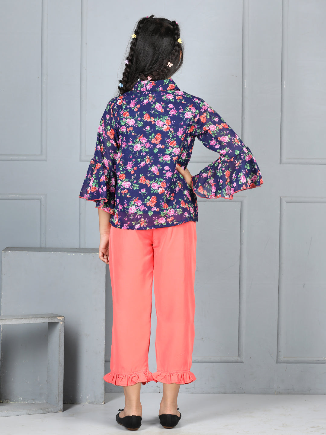 Cutiekins Girls Shirt Style Floral Printed Top With Solid Capri -Dark Blue & Peach