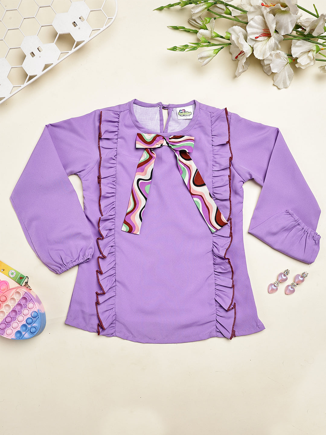 Cutiekins Girls Solid Embellished Bow Top -Violet & Maroon