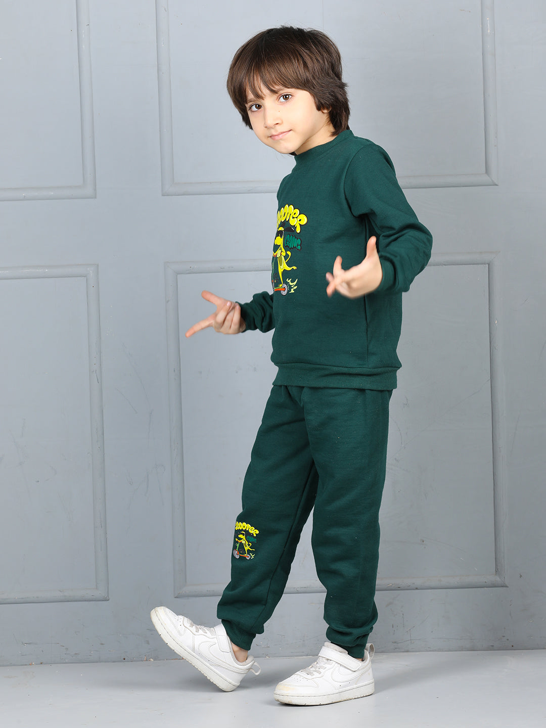 Cutiekins Boys Graphic Print cozy Tracksuit -Dark Green & Yellow