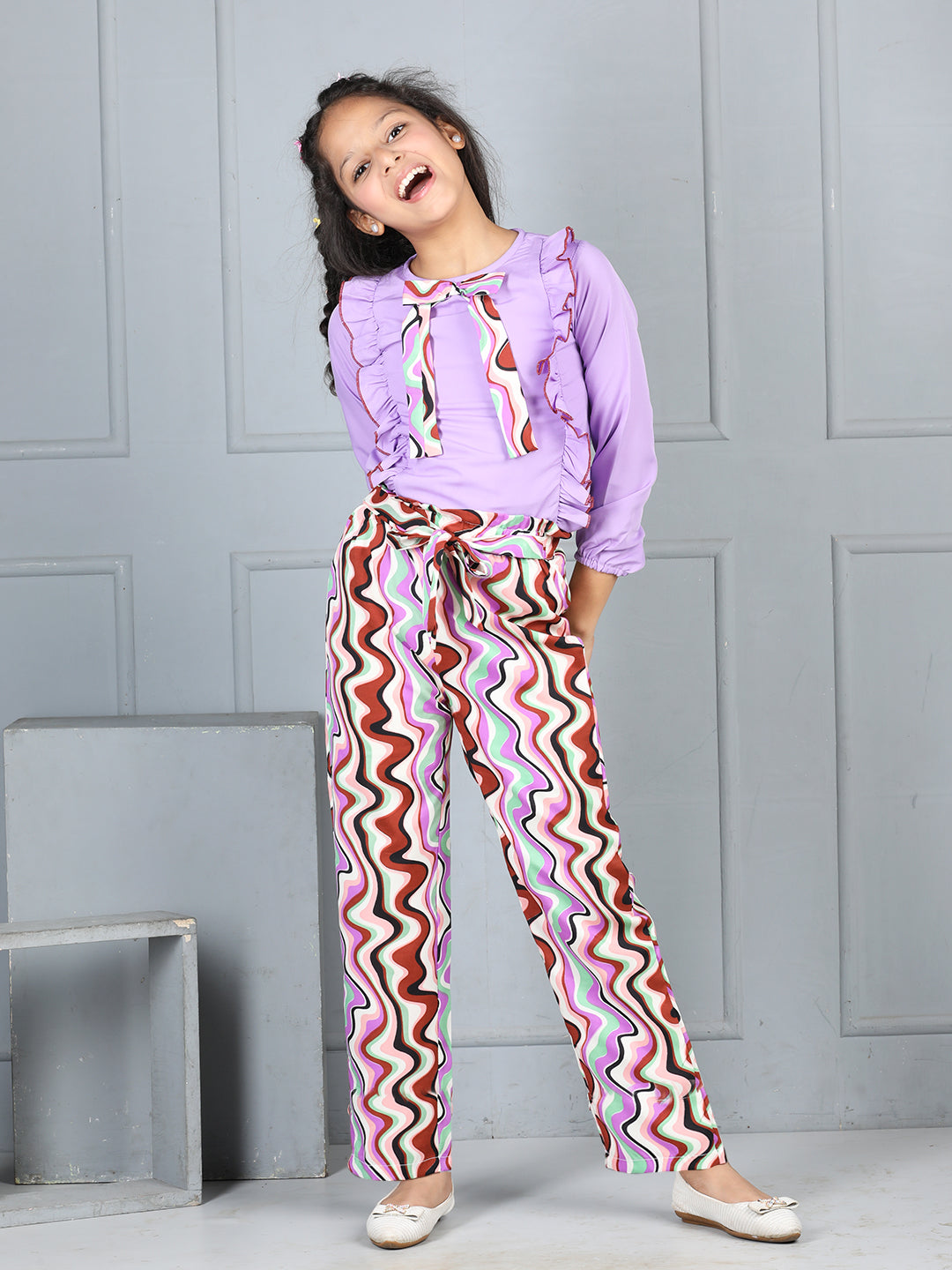 Cutiekins Girls Tie-Up Solid Top With Printed Trouser -Purple & multi