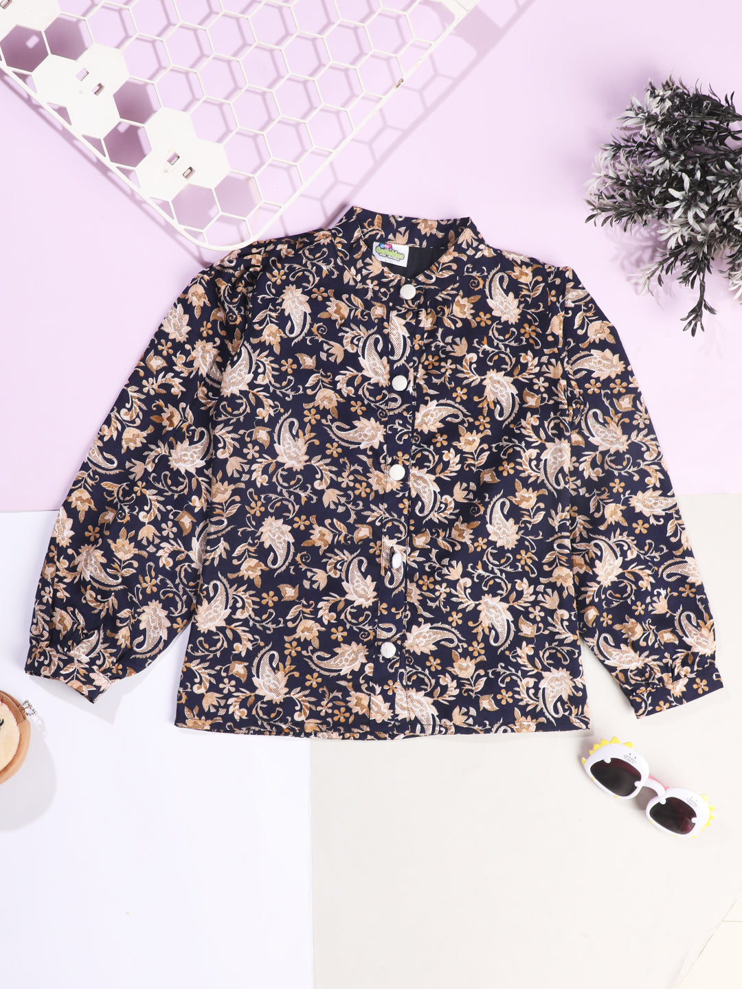 Cutiekins Girls Shirt Style Paisley Printed Top -Navy Blue & Brown