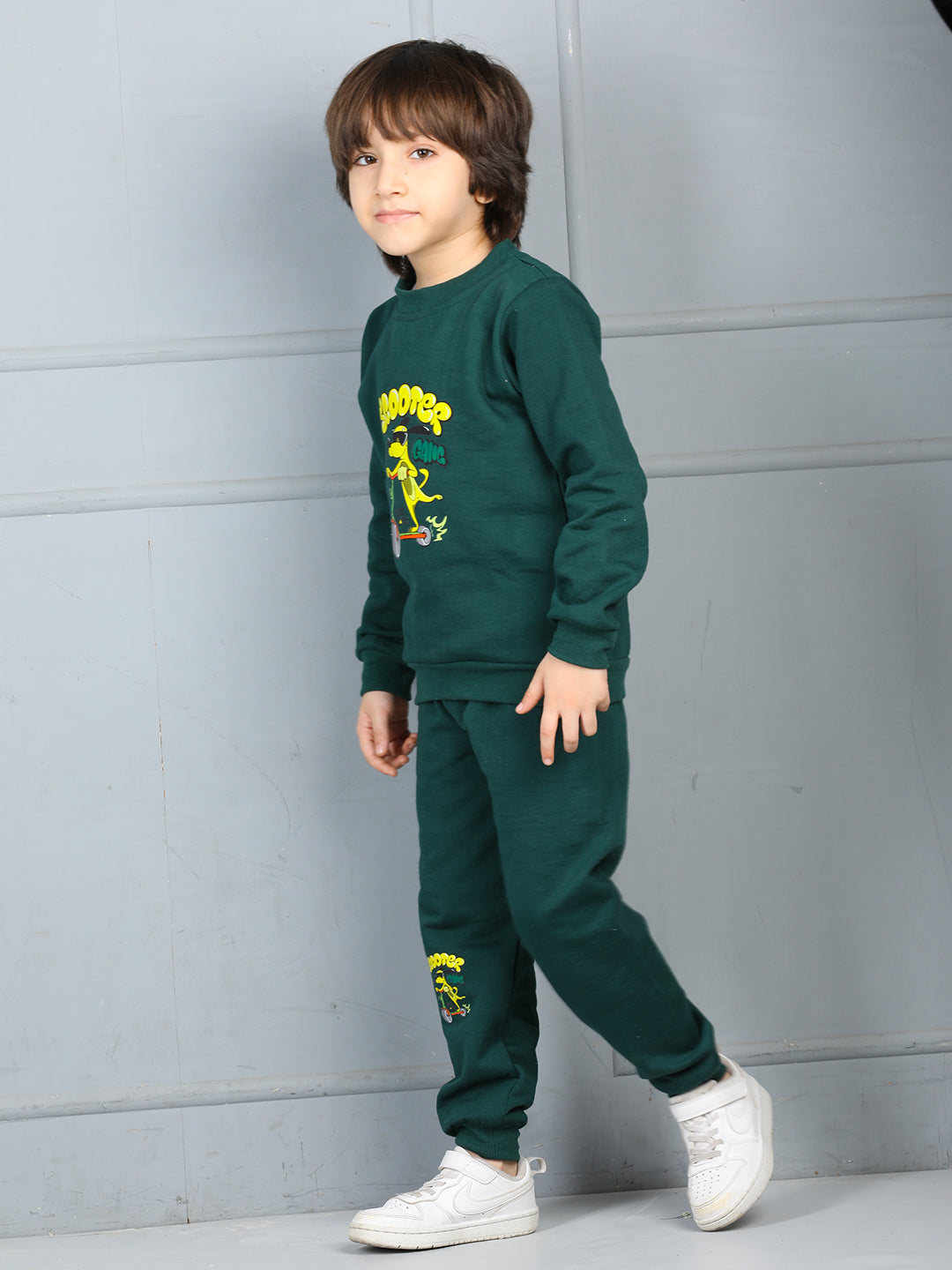 Cutiekins Boys Graphic Print cozy Tracksuit -Dark Green & Yellow