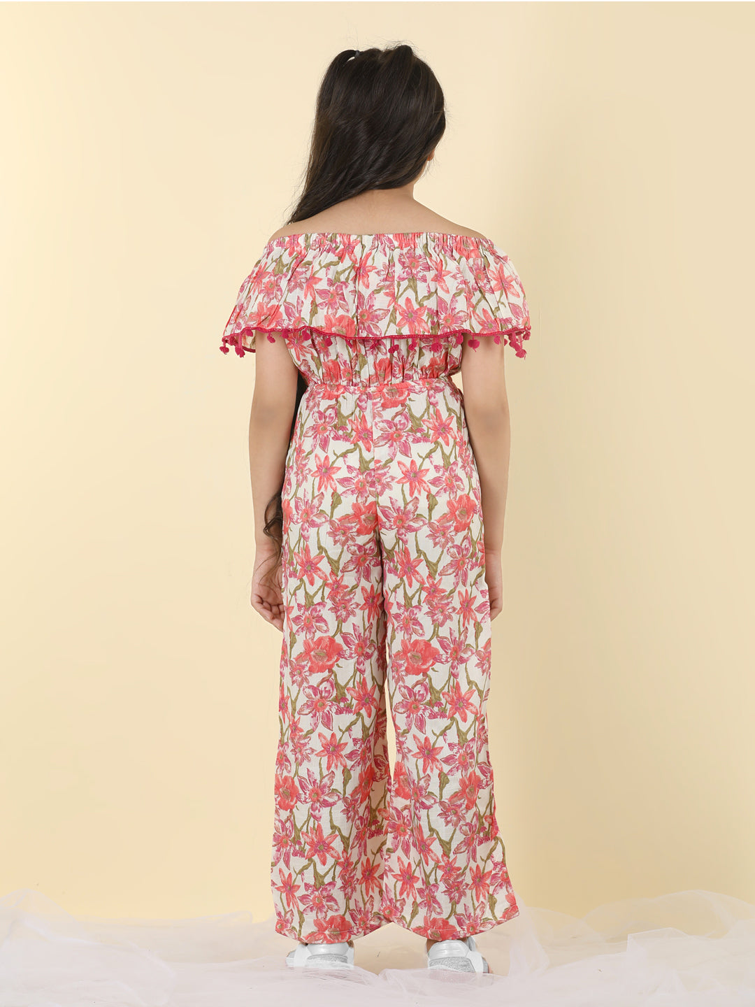 Cutiekins Girls Off Shoulder Floral Print Jumpsuit -Off White & Pink