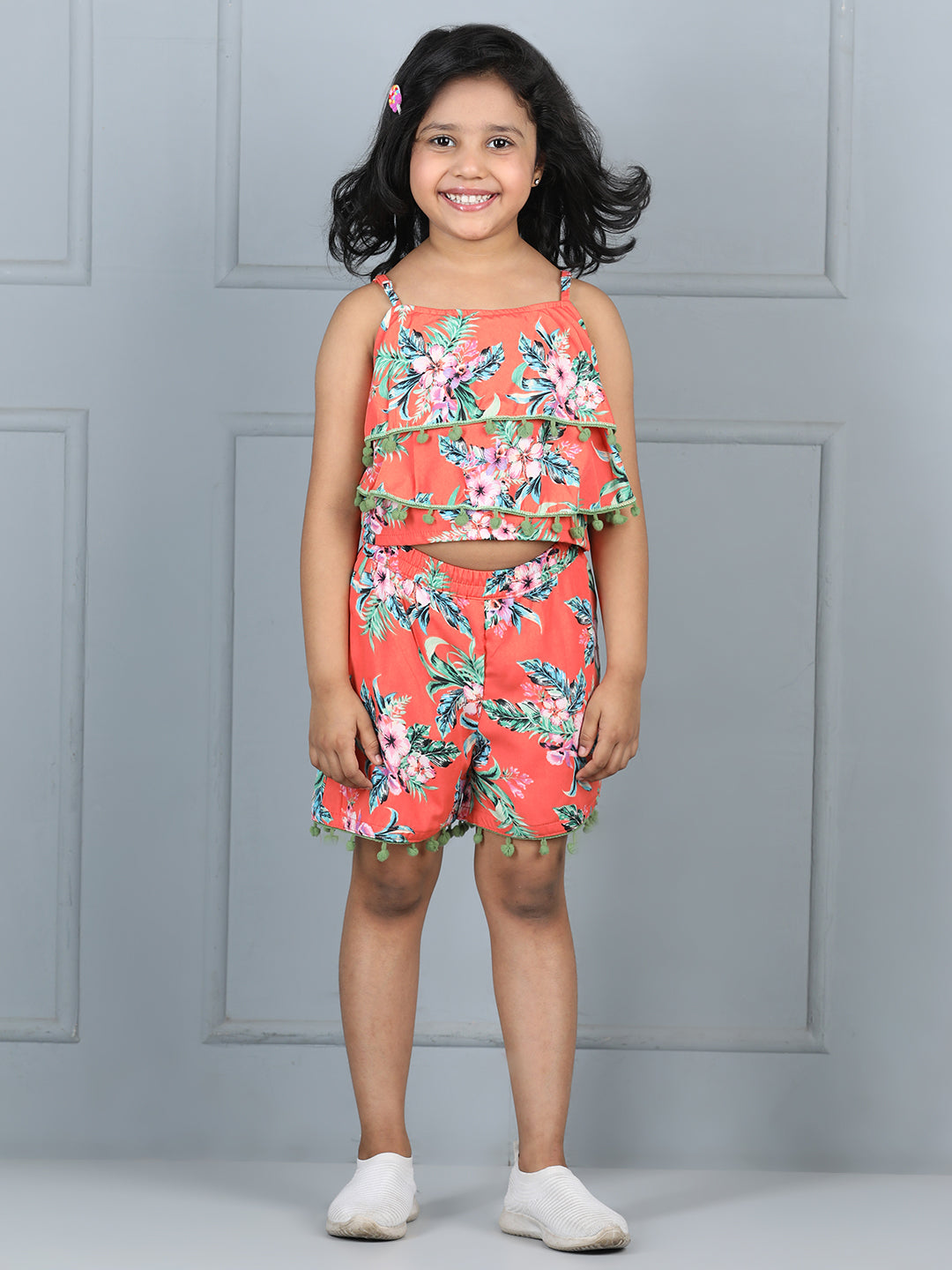 Cutiekins Girls Floral Printed Embellished Top With Printed Shorts -Coral & Multi