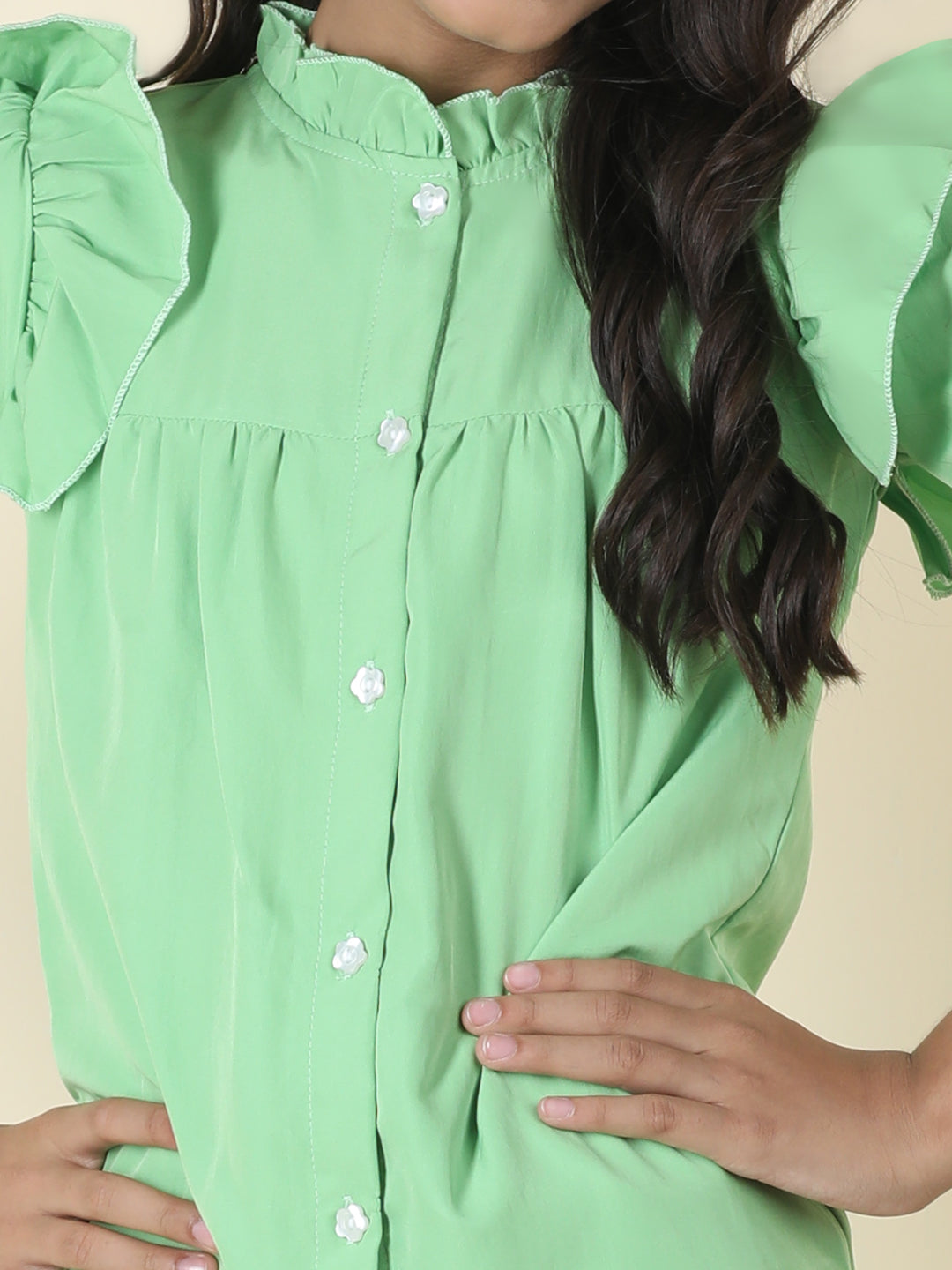 Cutiekins Girls Shirt Style Solid Embellished Top -Green