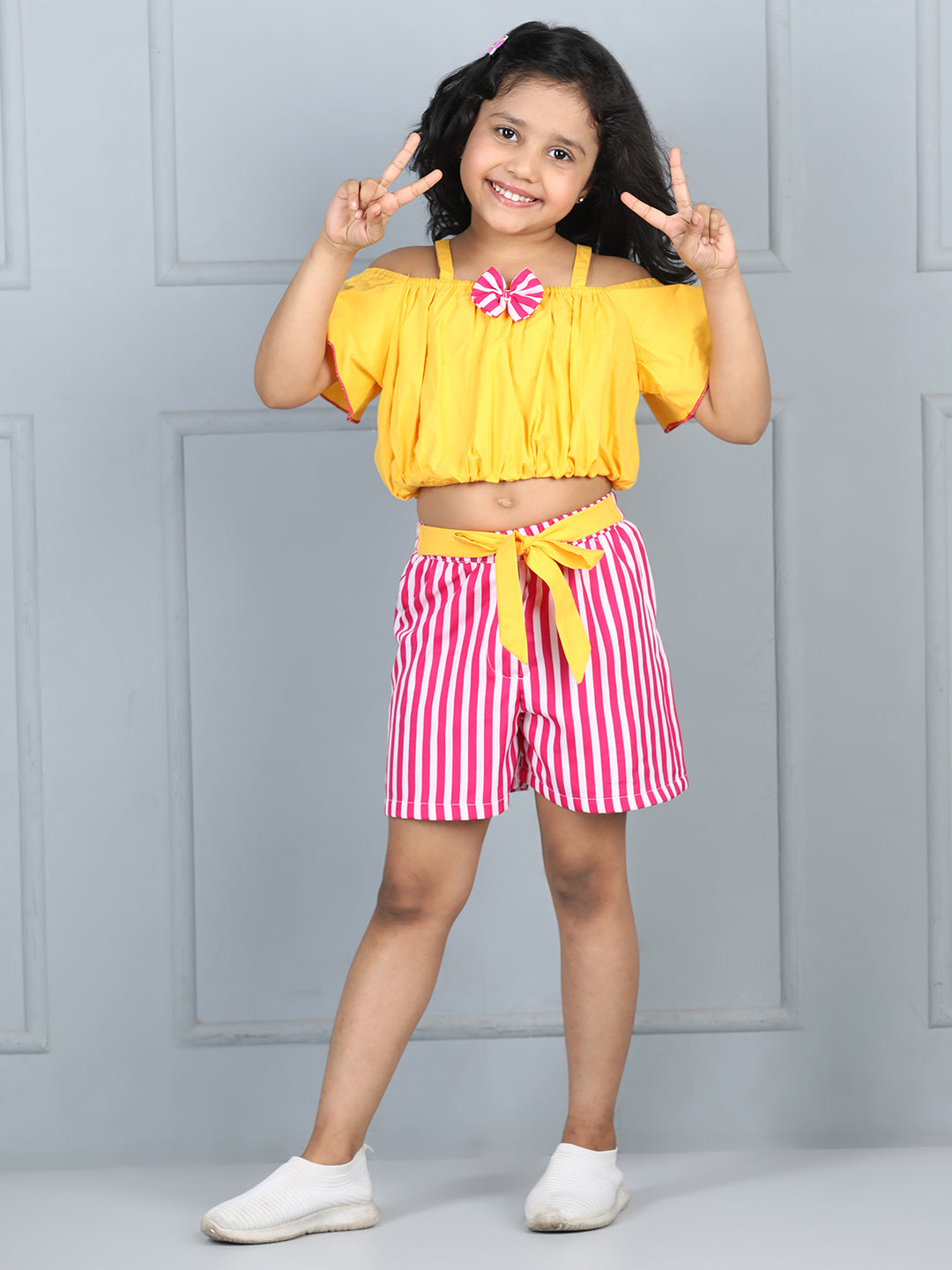 Cutiekins Girls Solid Embellished Top With Striped Shorts -Yellow & Pink